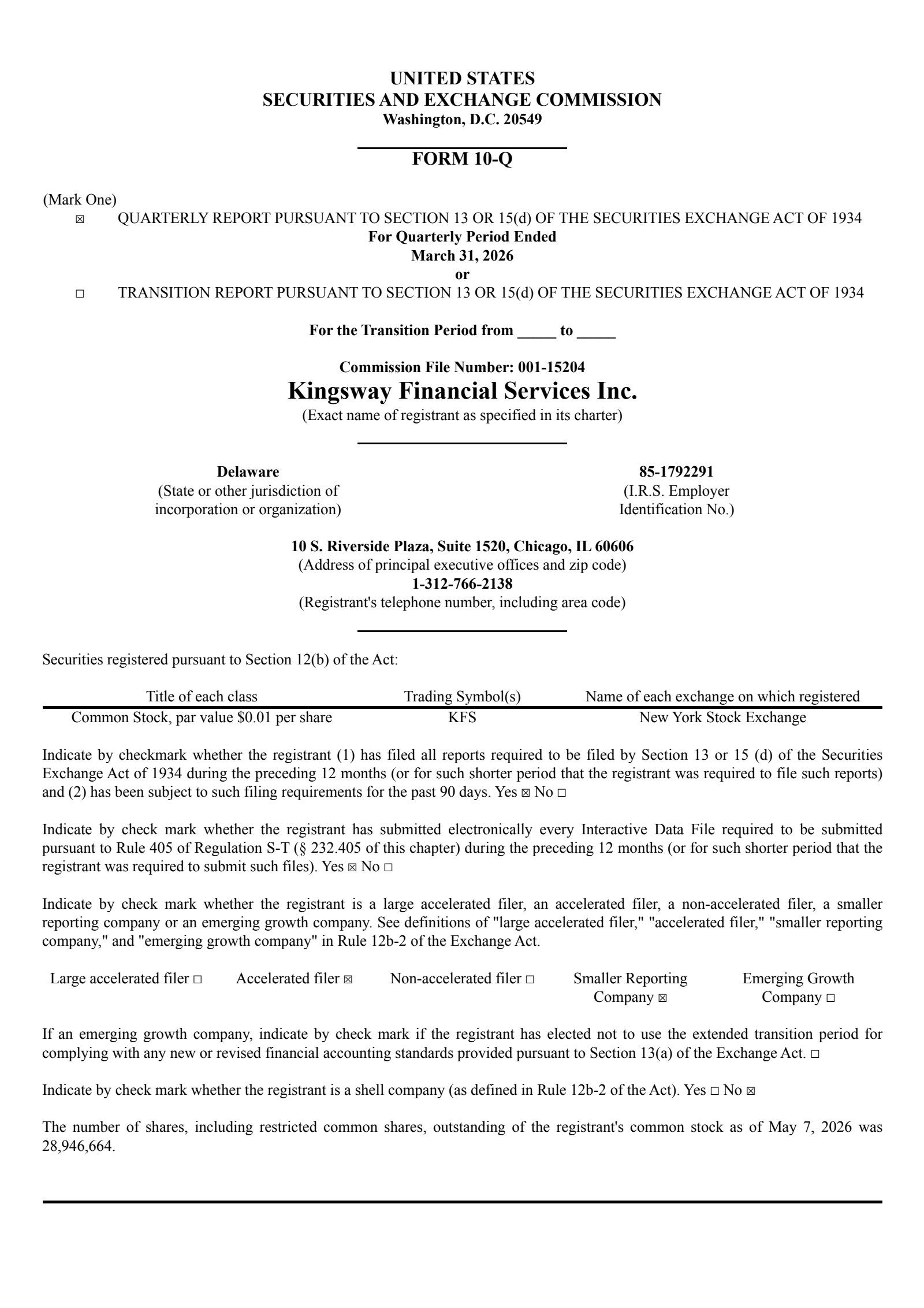 Kingsway Financial Services' Q1 2026 Quarterly report
