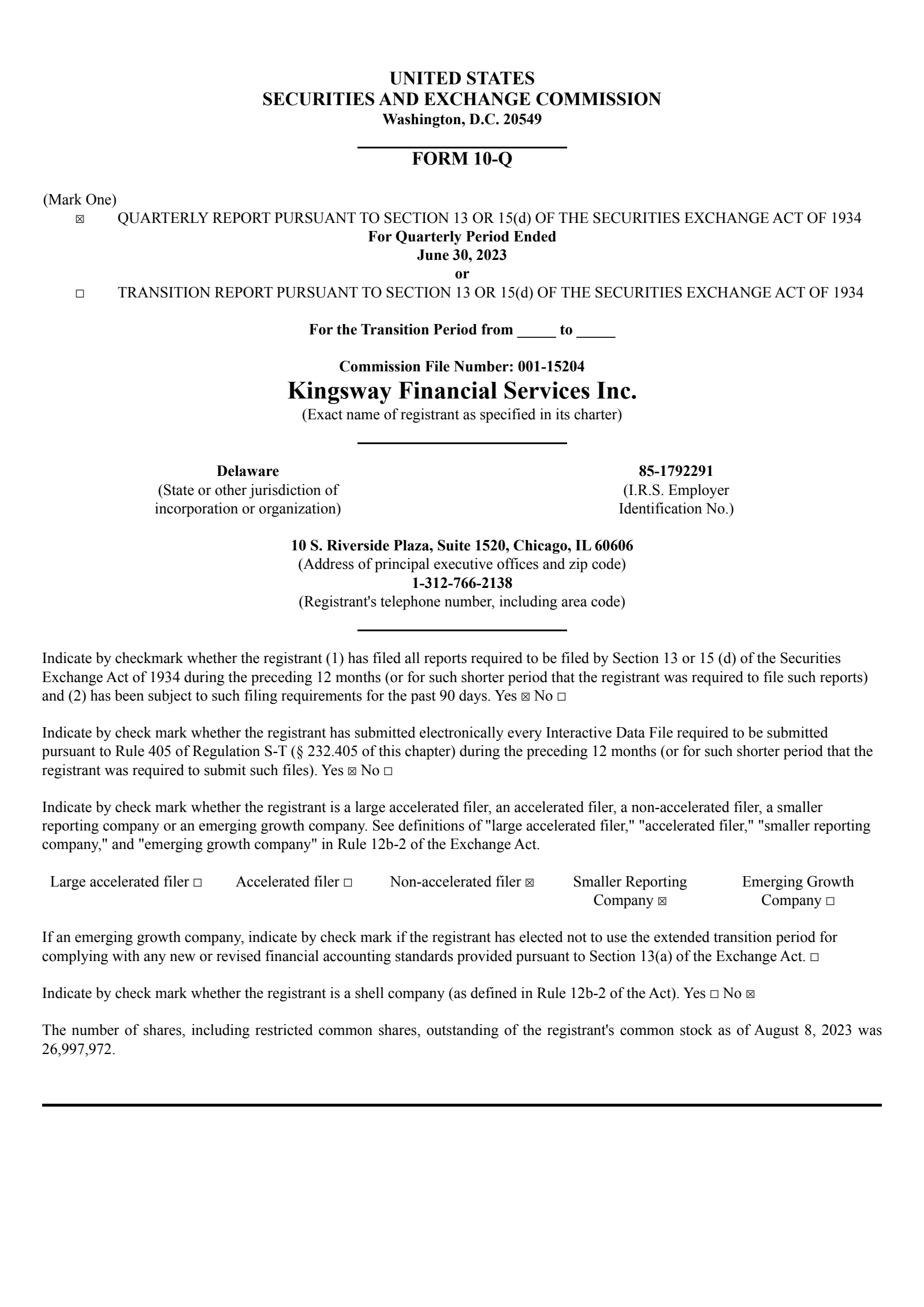 Kingsway Financial Services' Q2 2023 Quarterly report