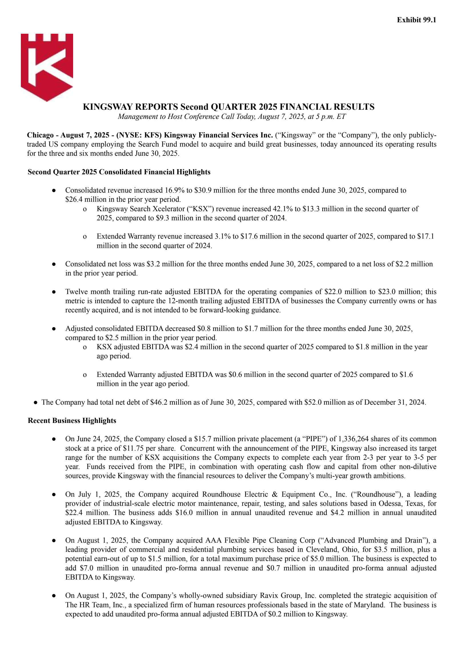 Kingsway Financial Services' Q2 2025 Press Release