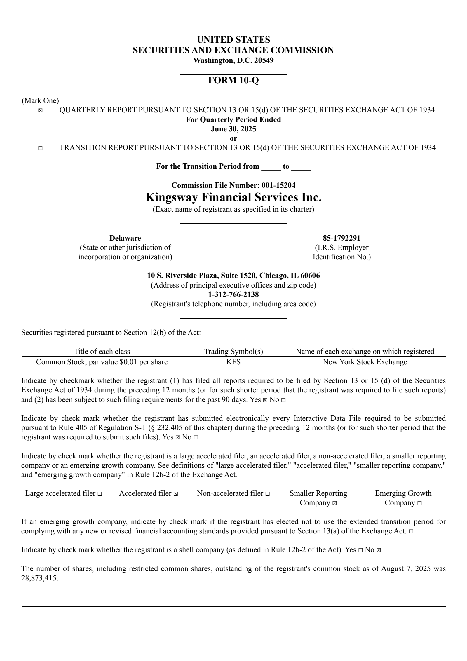 Kingsway Financial Services' Q2 2025 Quarterly report