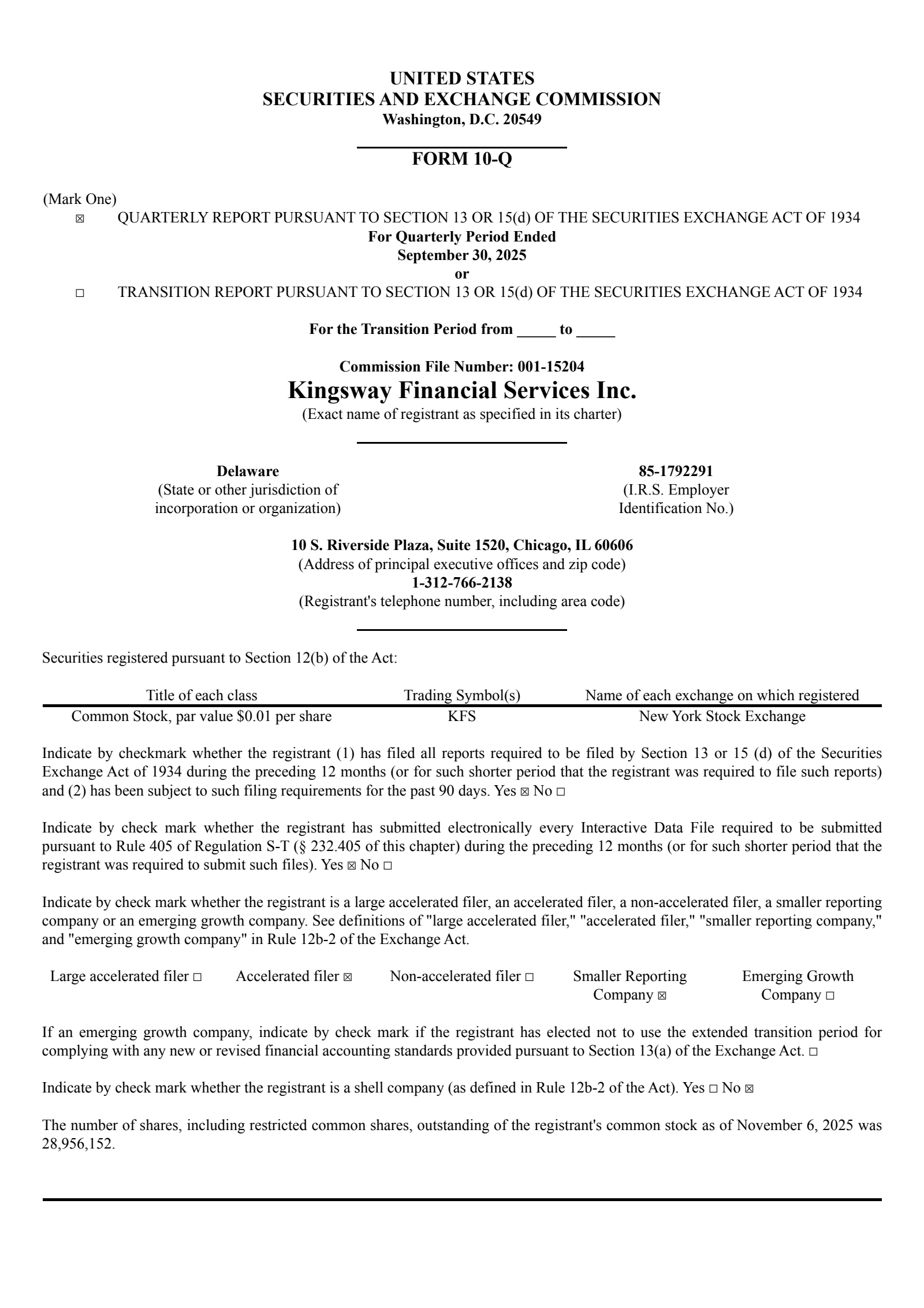 Kingsway Financial Services' Q3 2025 Quarterly Report