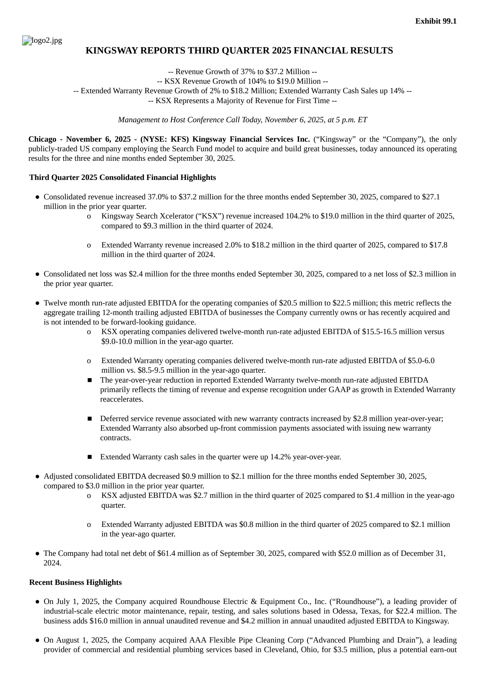 Kingsway Financial Services' Q3 2025 Earnings Release