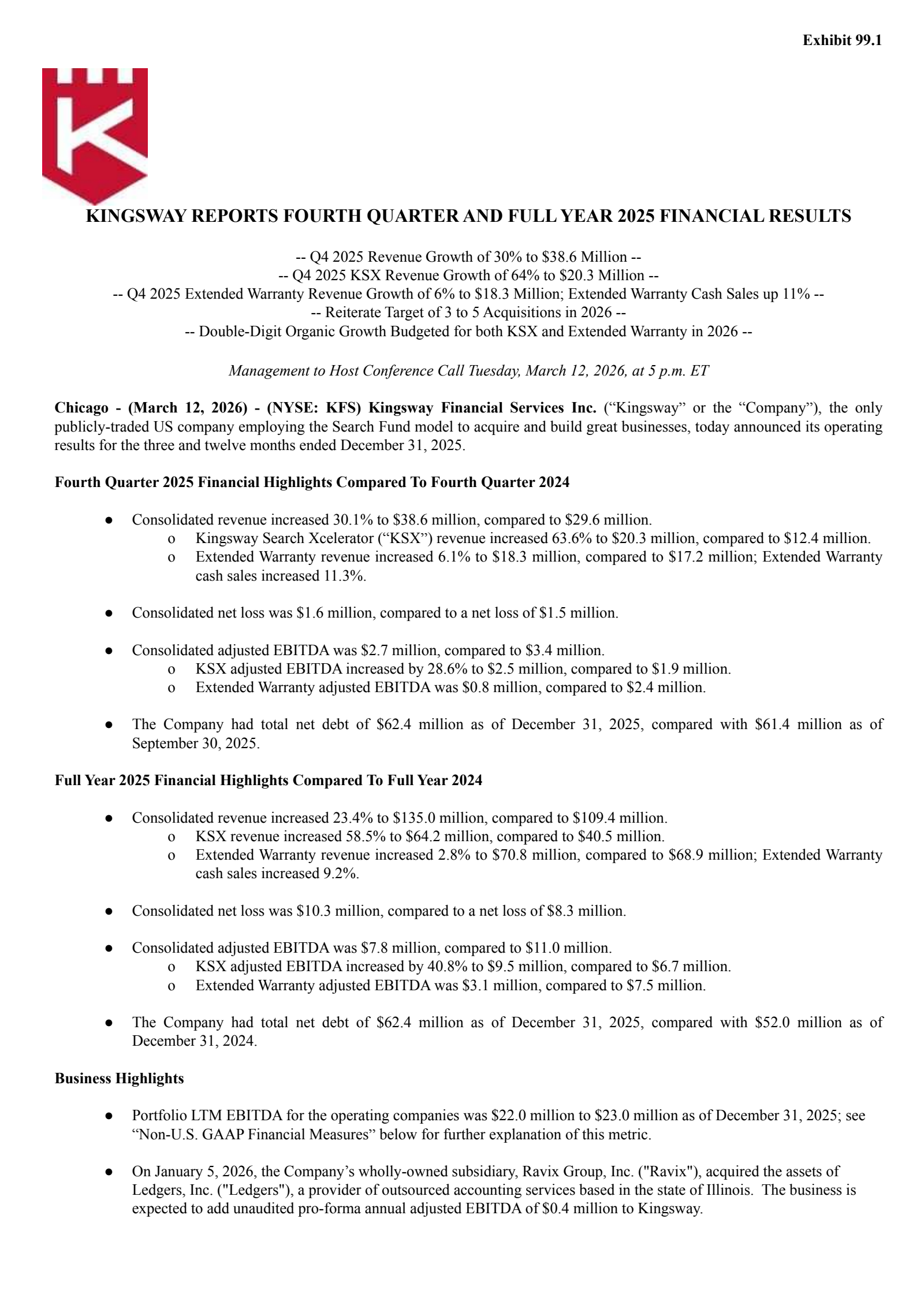 Kingsway Financial Services' Q4 2025 Press Release