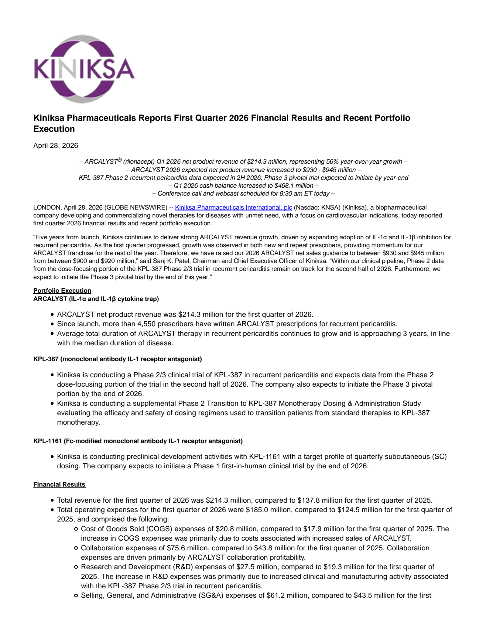 Kiniksa Pharmaceuticals International's Q1 2026 Press Release