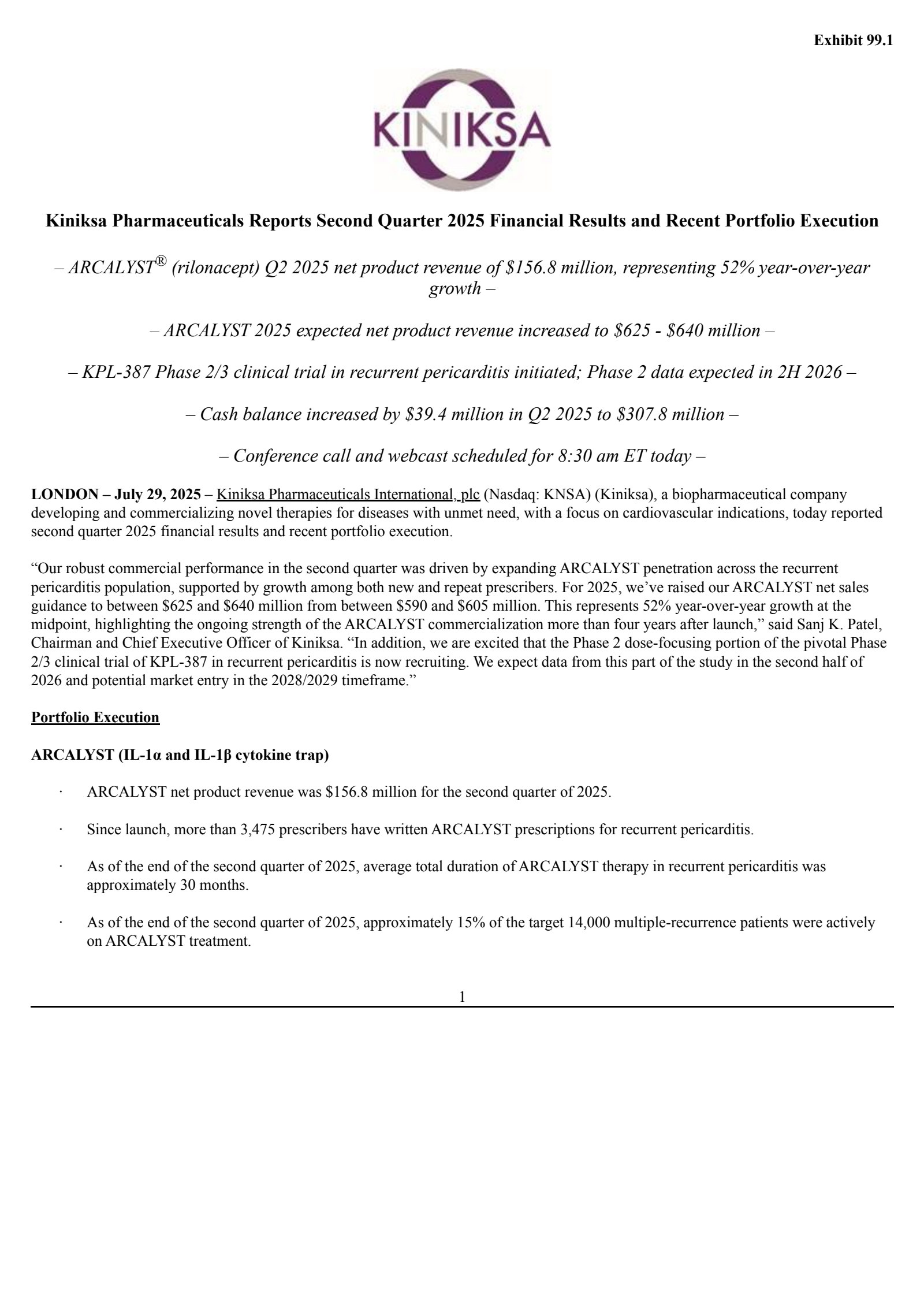 Kiniksa Pharmaceuticals International's Q2 2025 Press Release