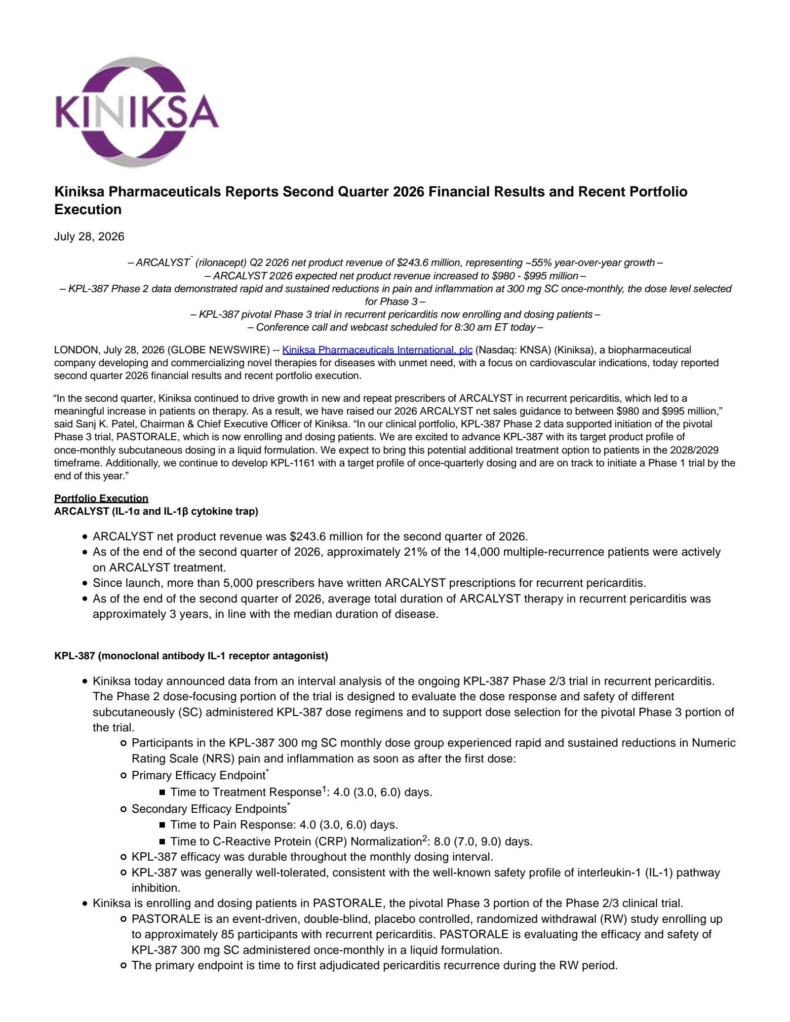 Kiniksa Pharmaceuticals International's Q2 2026 Press Release
