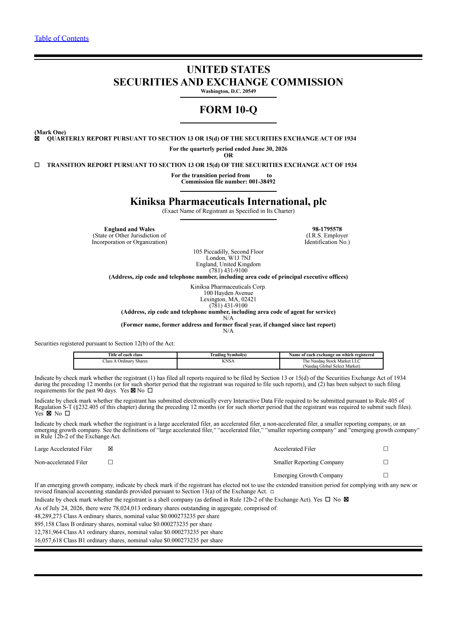 Kiniksa Pharmaceuticals International's Q2 2026 Quarterly report