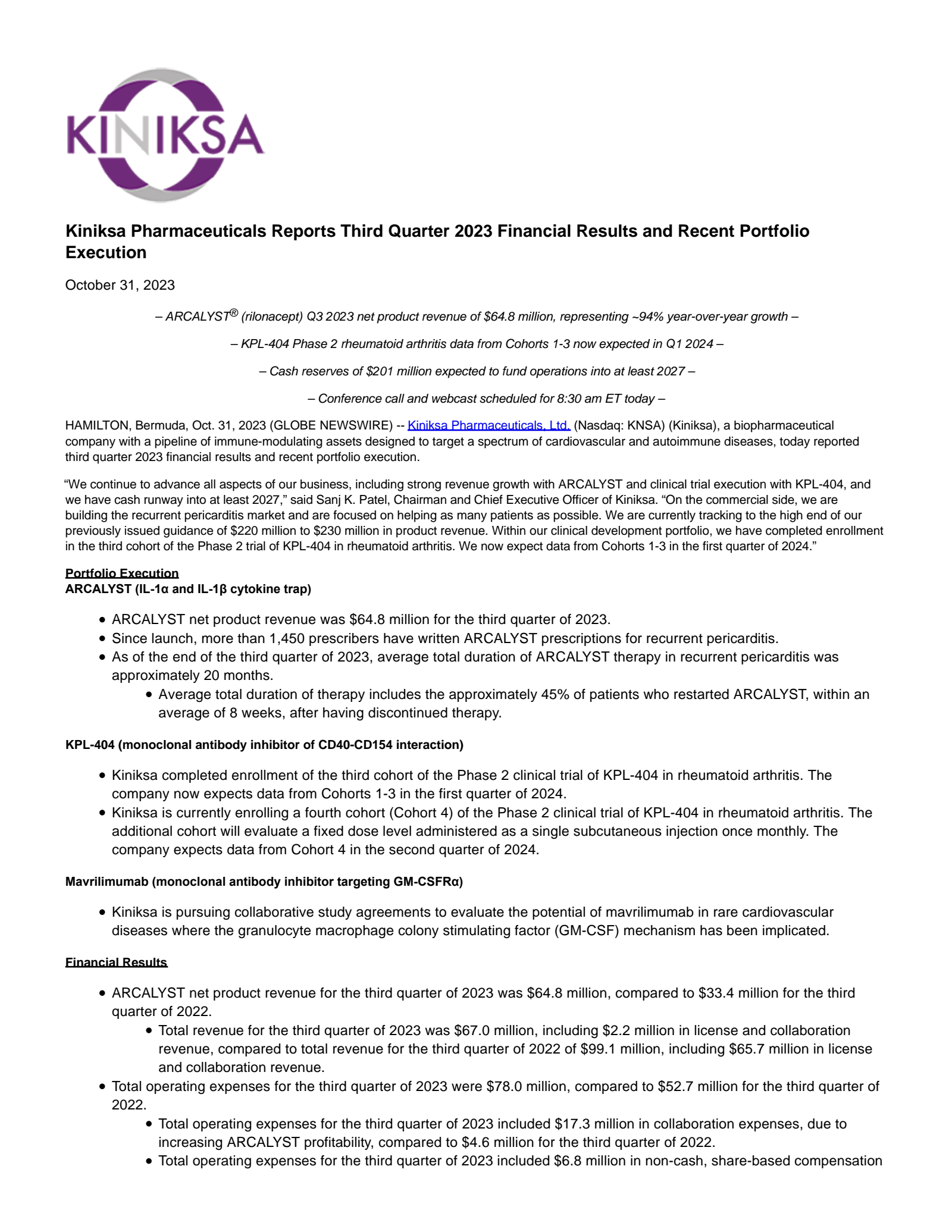 Kiniksa Pharmaceuticals' Q3 2023 Press Release
