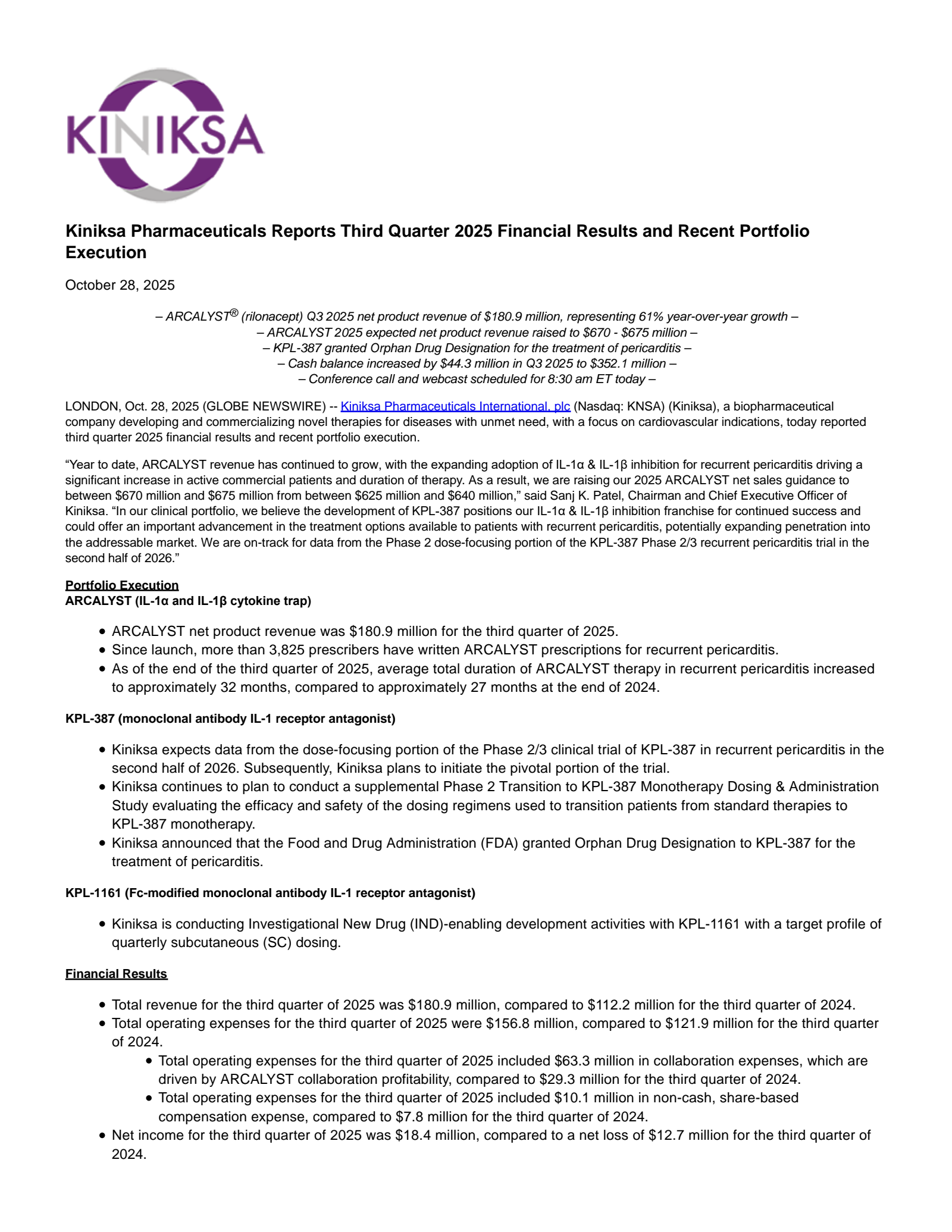 Kiniksa Pharmaceuticals International's Q3 2025 Earnings Release