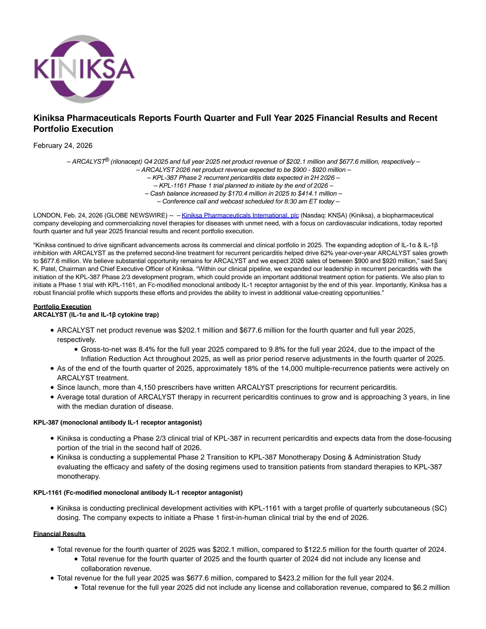 Kiniksa Pharmaceuticals International's Q4 2025 Press Release
