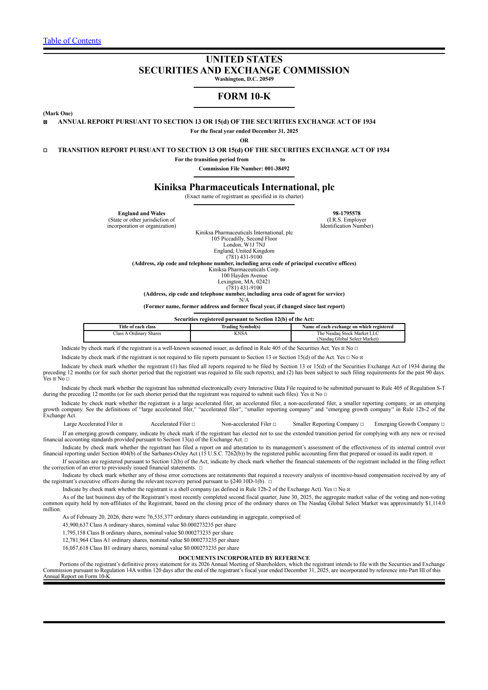 Kiniksa Pharmaceuticals International's Q4 2025 Annual report