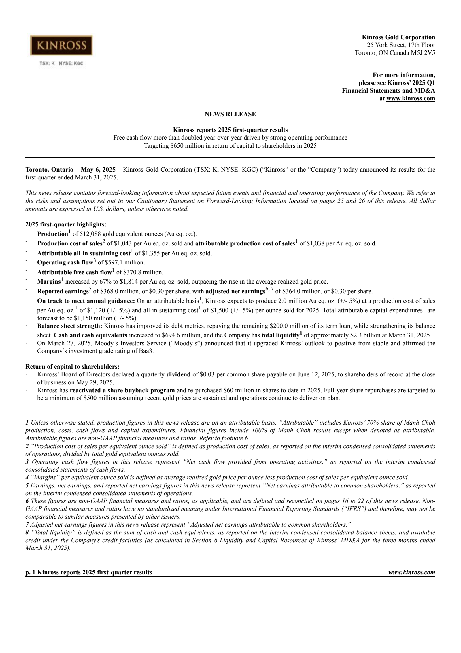 Kinross Gold's Q1 2025 Press Release