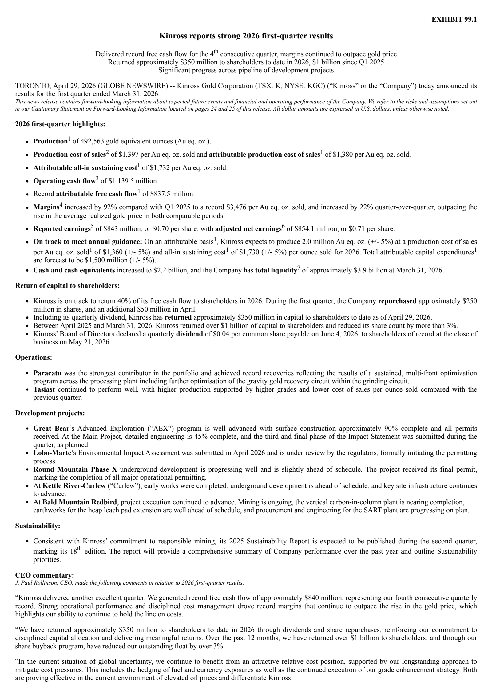 Kinross Gold's Q1 2026 Press Release
