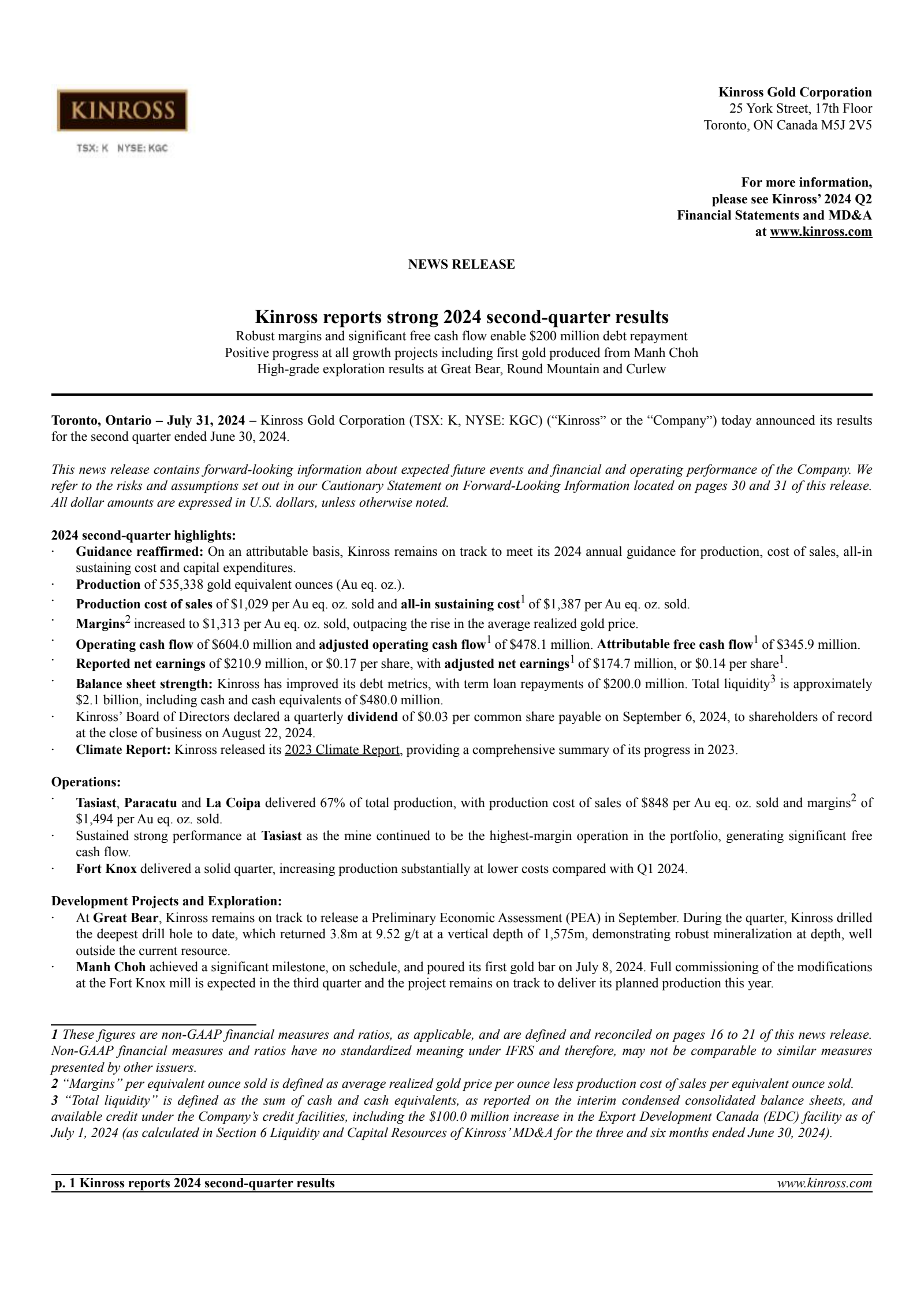Kinross Gold's Q2 2024 Press Release