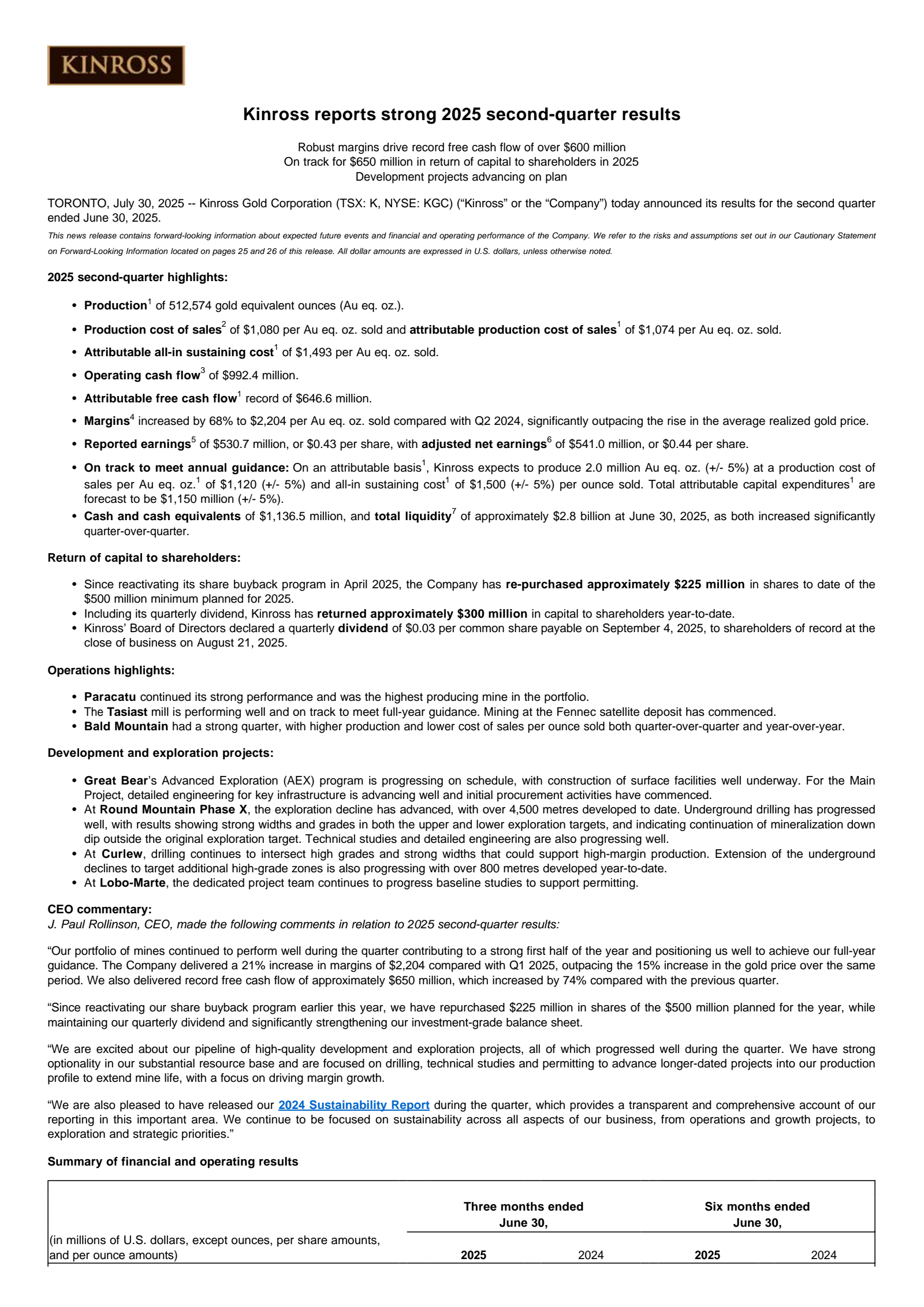 Kinross Gold's Q2 2025 Press Release