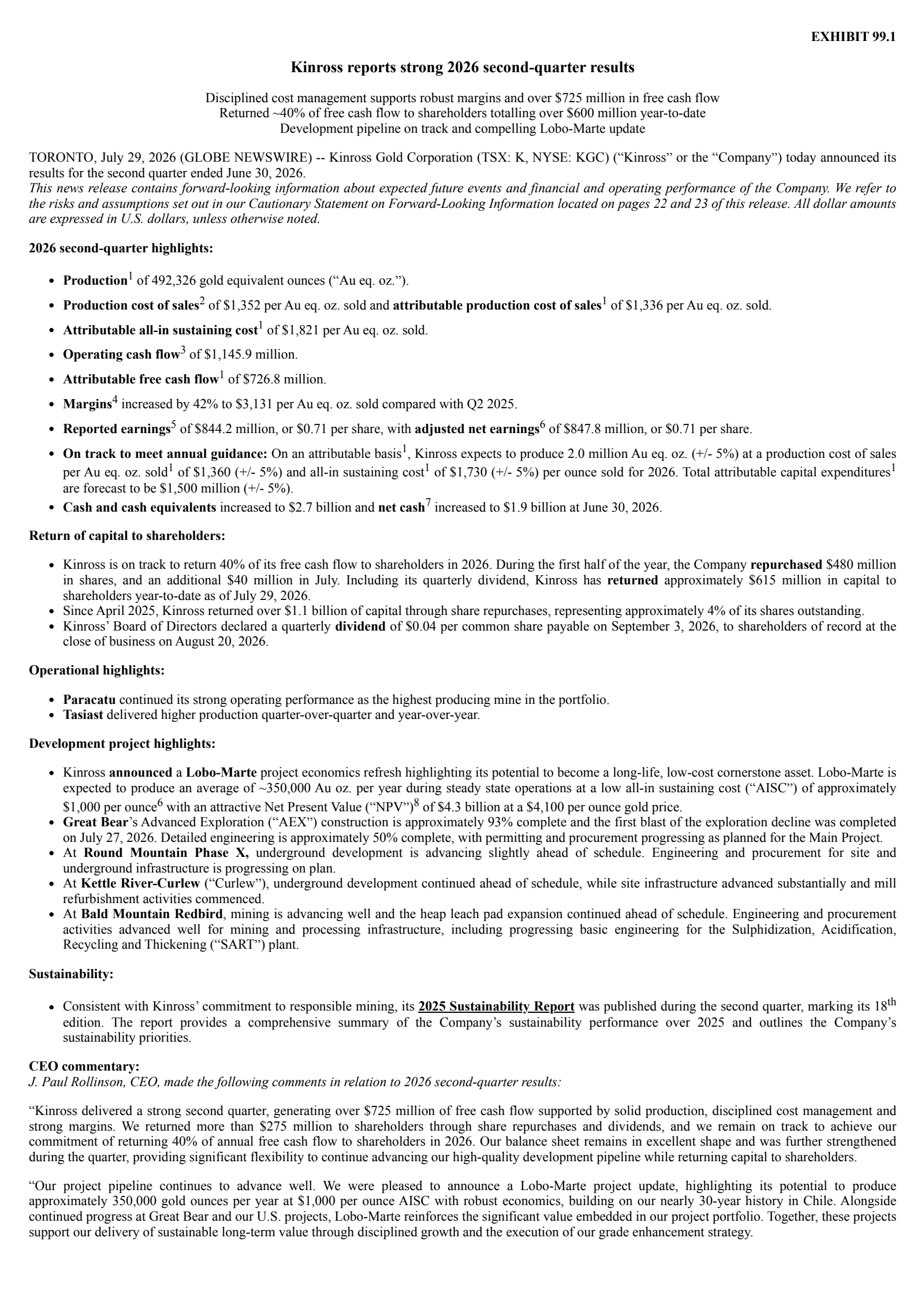 Kinross Gold's Q2 2026 Press Release