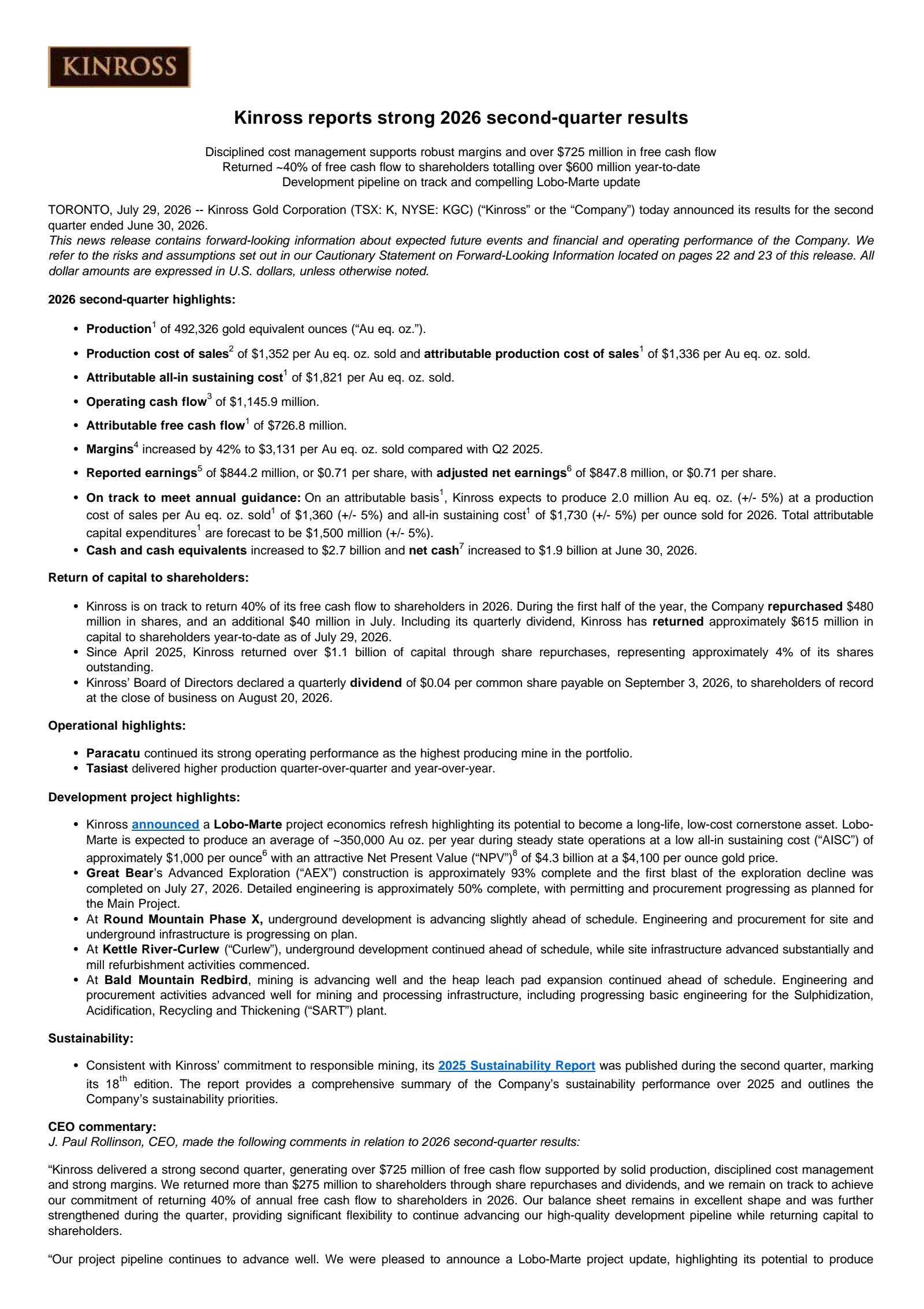 Kinross Gold's Q2 2026 Press Release