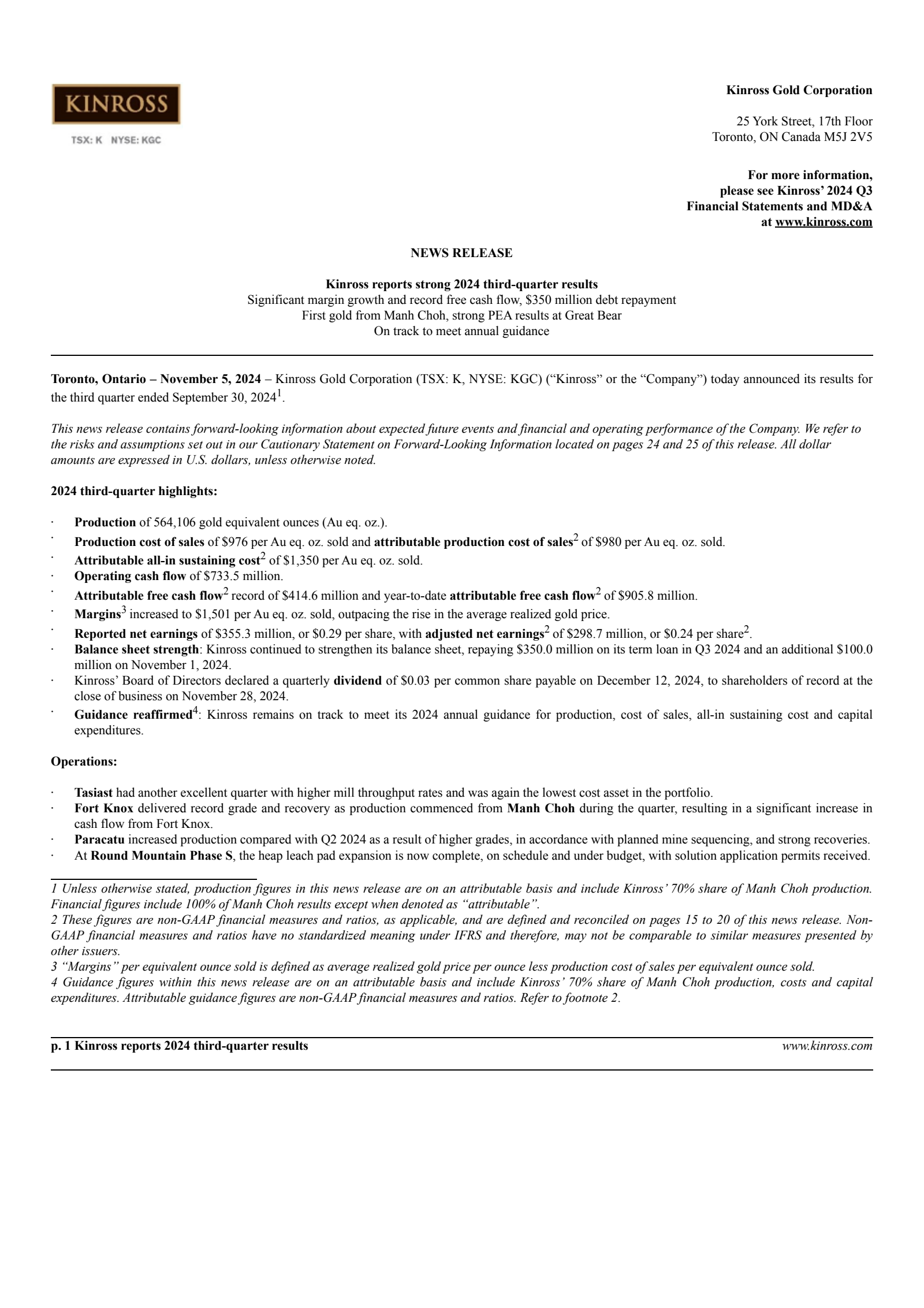 Kinross Gold's Q3 2024 Press Release