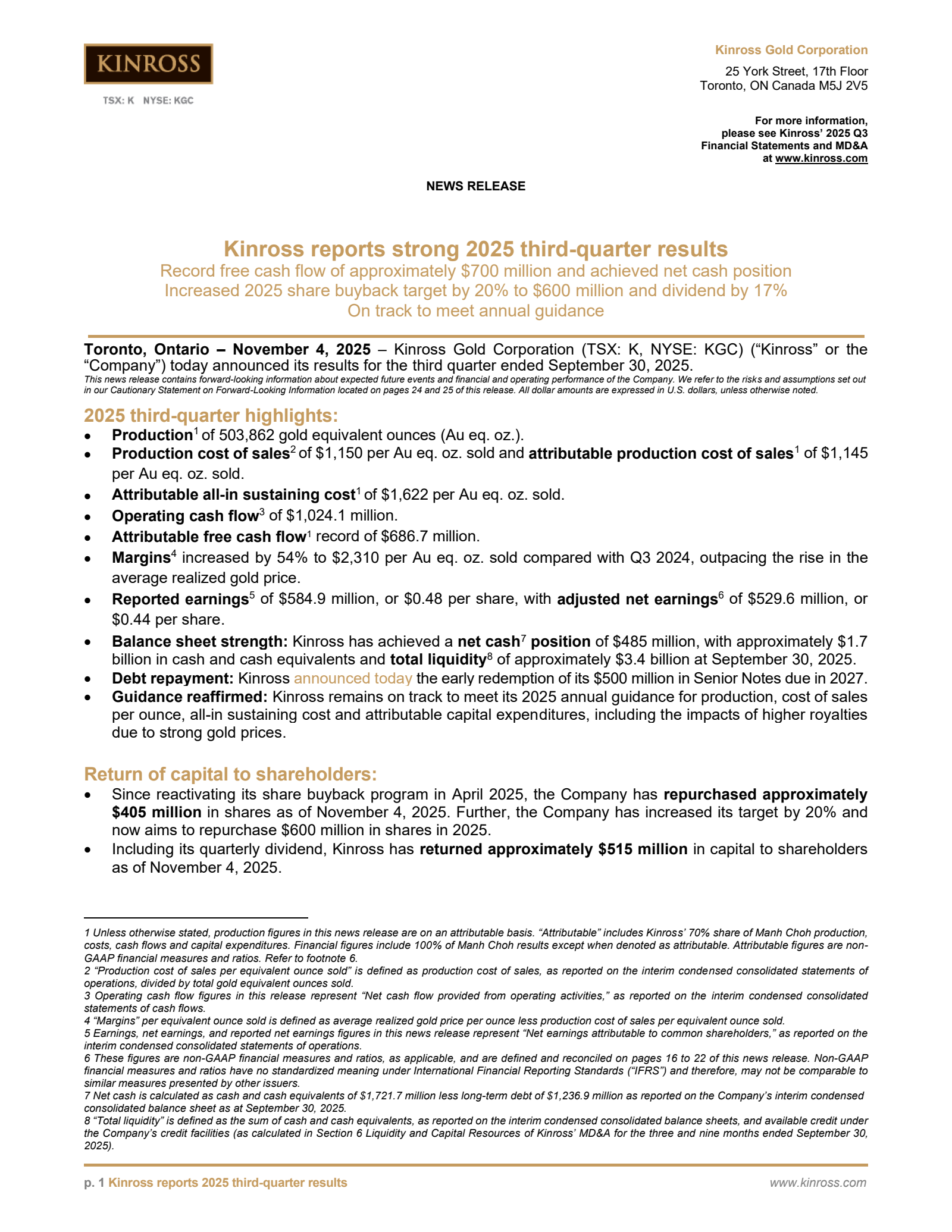 Kinross Gold's Q3 2025 Earnings Release