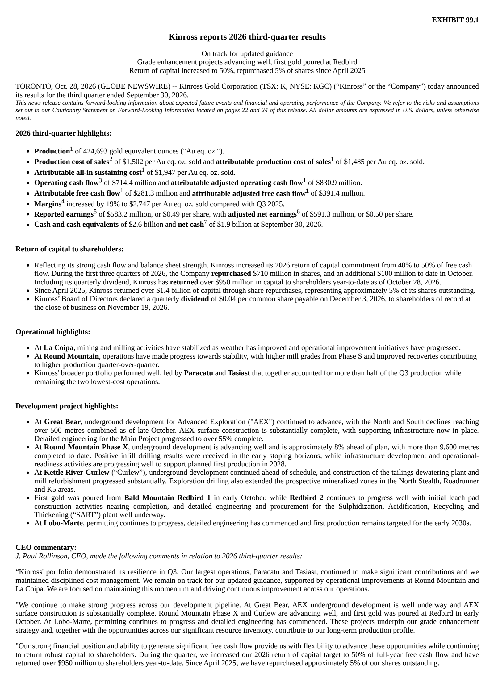 Kinross Gold's Q3 2026 Press Release