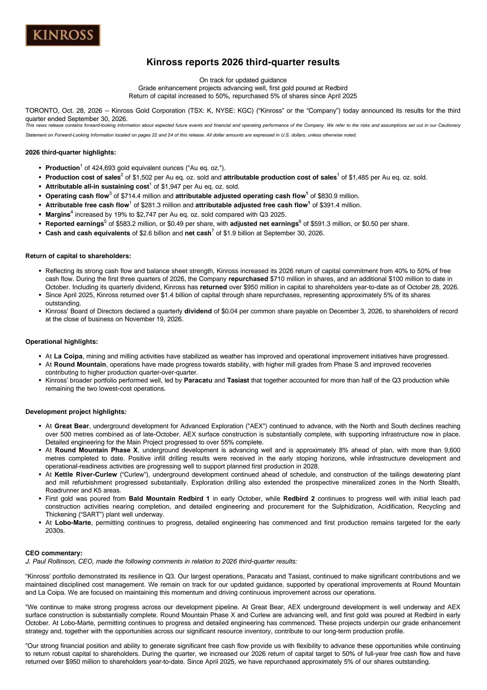 Kinross Gold's Q3 2026 Press Release