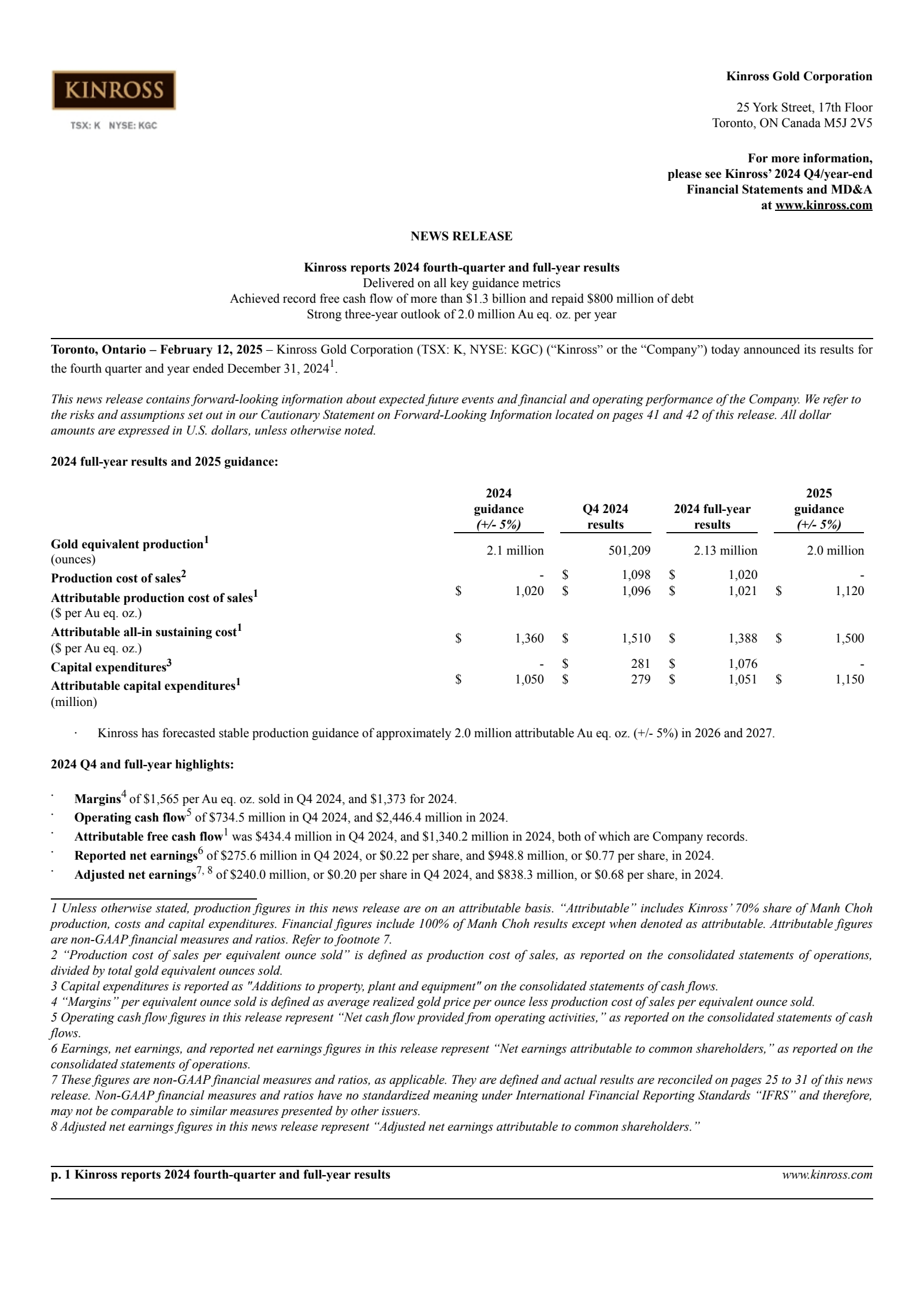 Kinross Gold's Q4 2024 Press Release