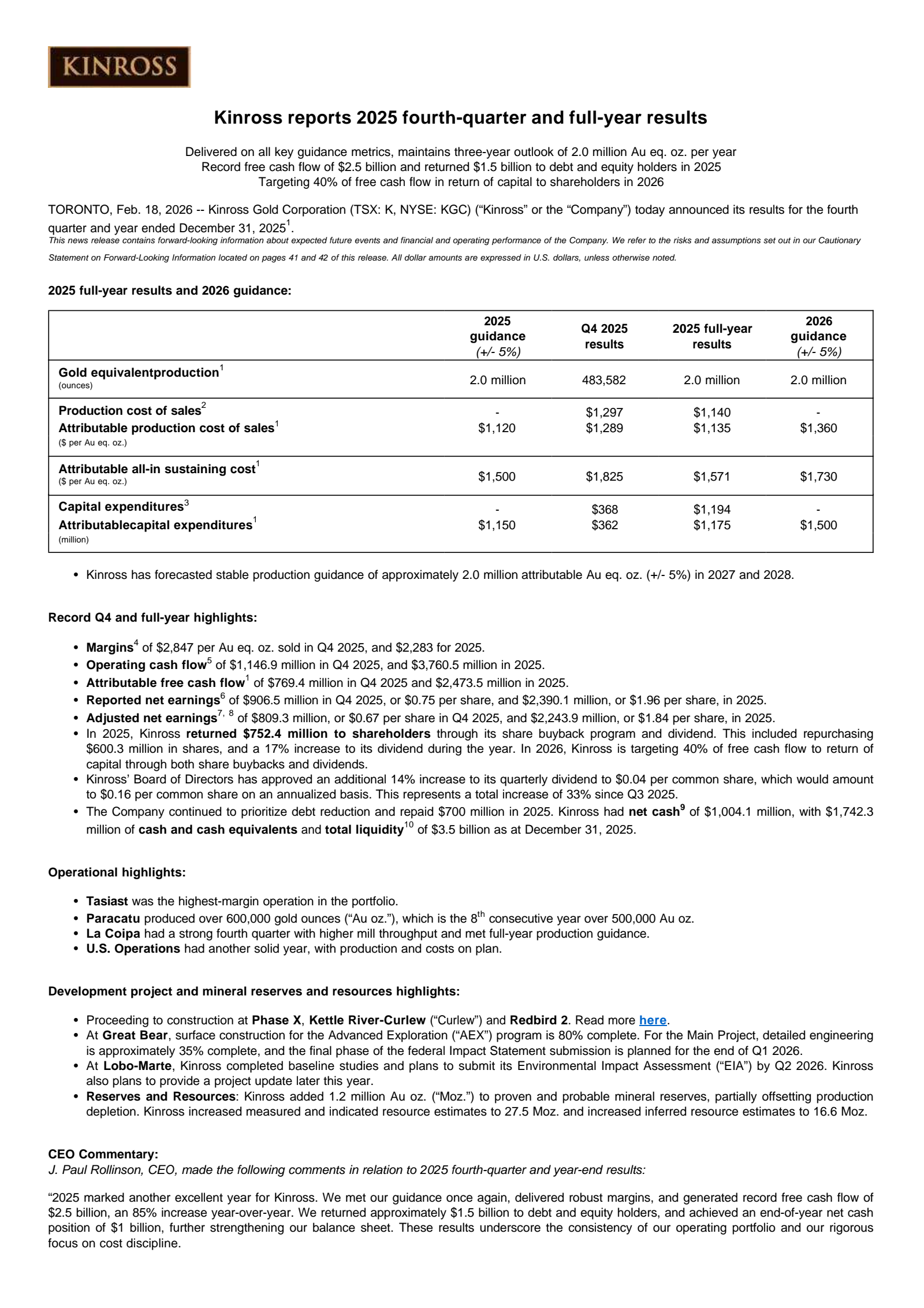 Kinross Gold's Q4 2025 Press Release