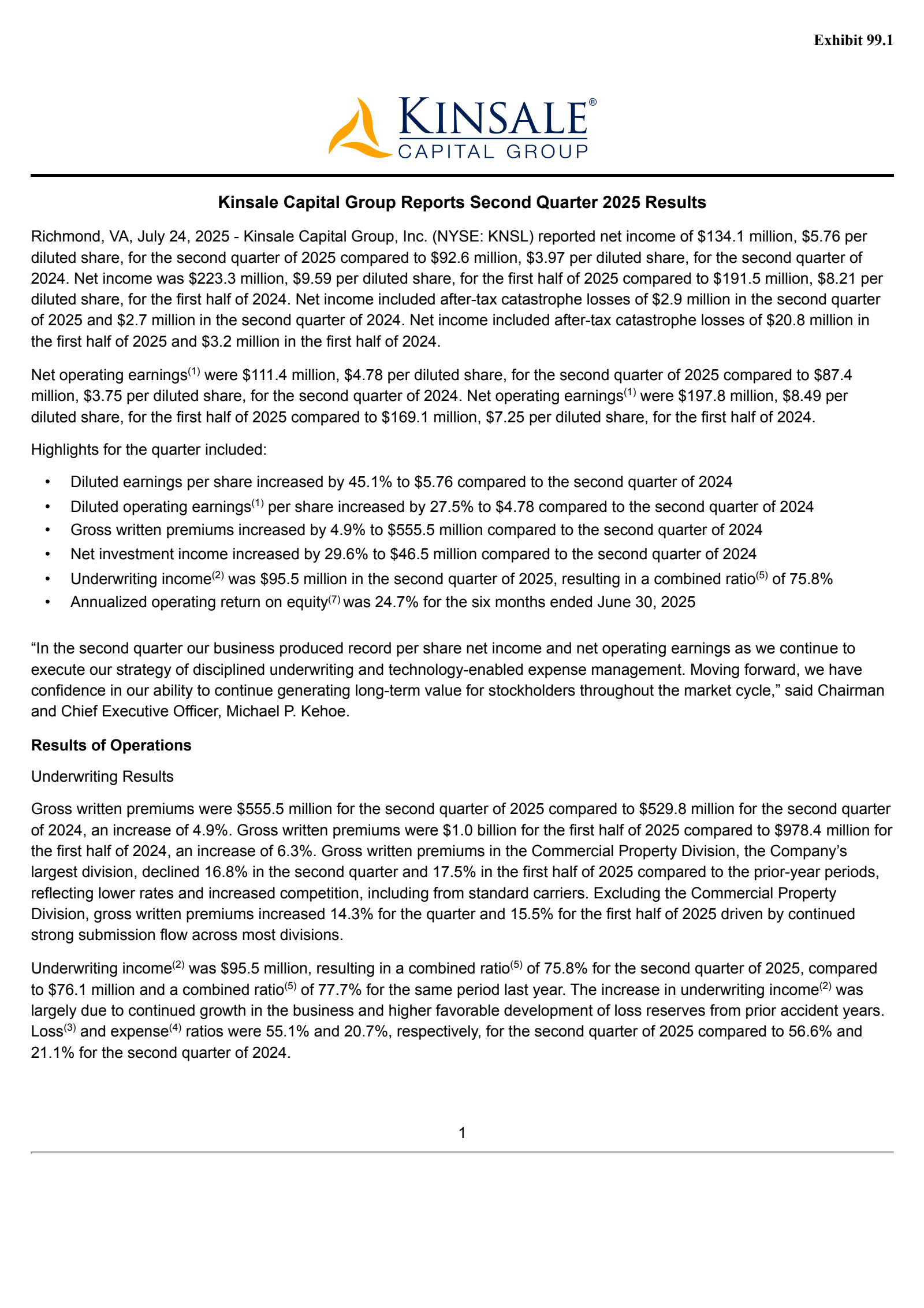 Kinsale Capital Group's Q2 2025 Press Release