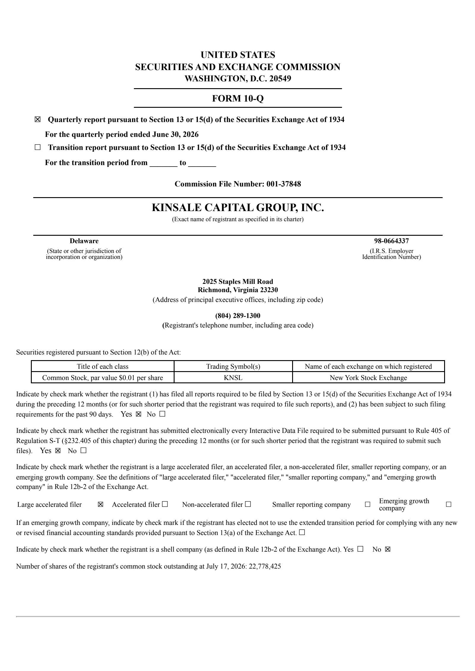Kinsale Capital Group's Q2 2026 Quarterly report
