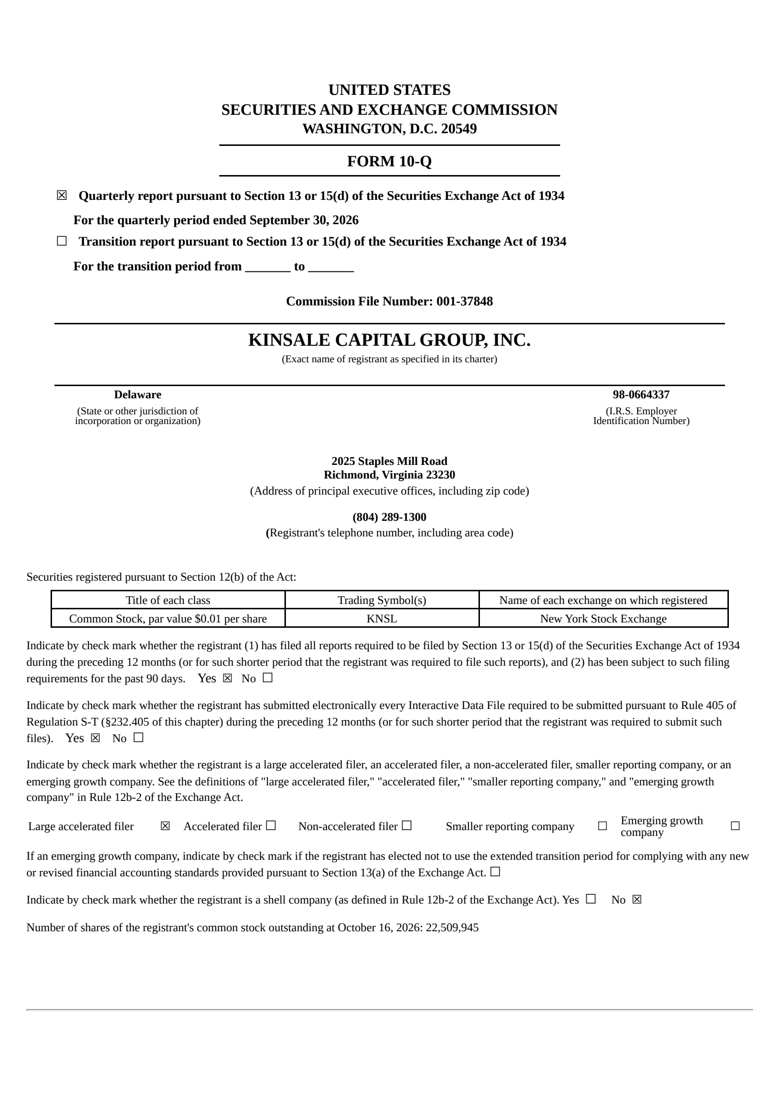 Kinsale Capital Group's Q3 2026 Quarterly report