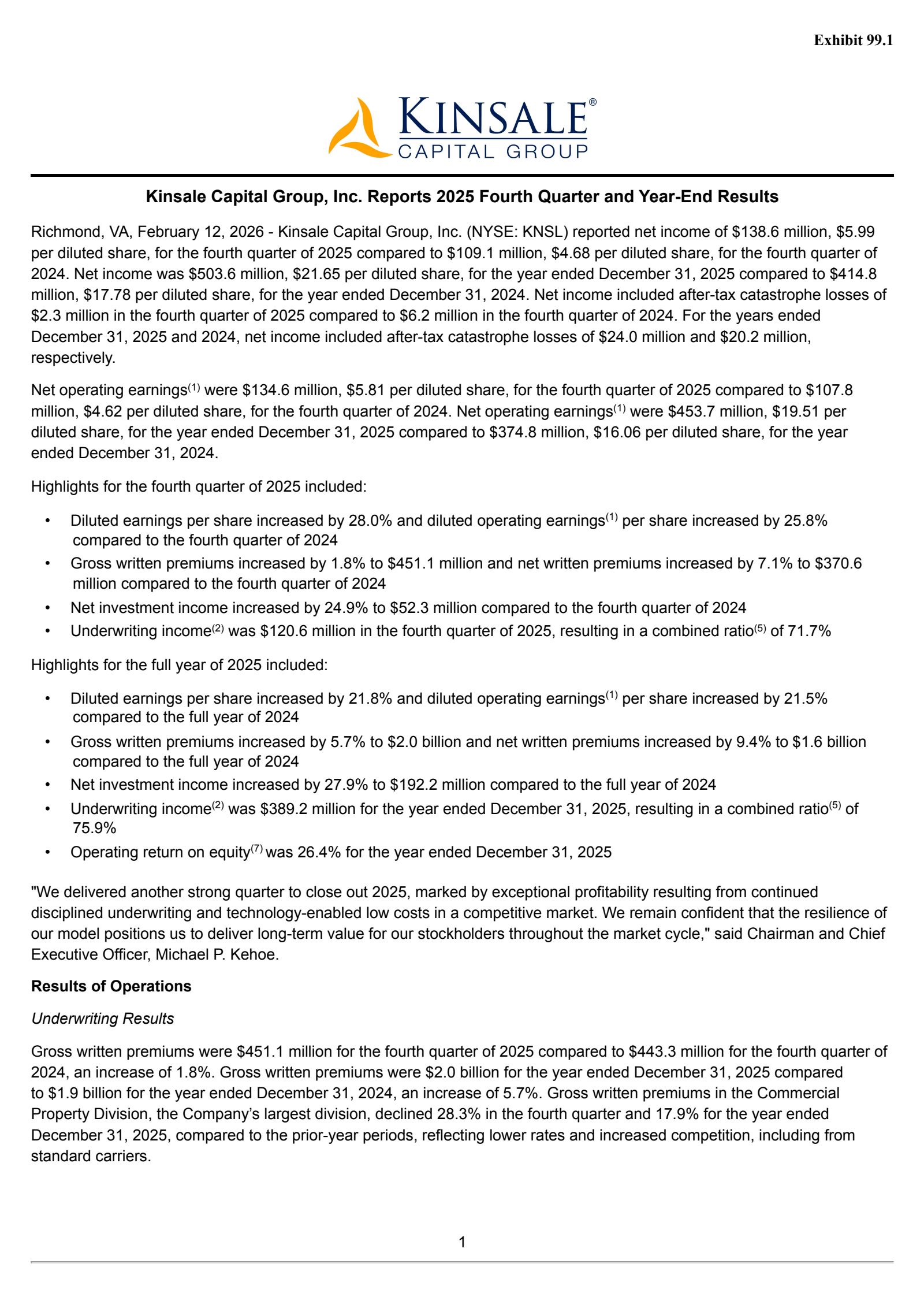Kinsale Capital Group's Q4 2025 Press Release