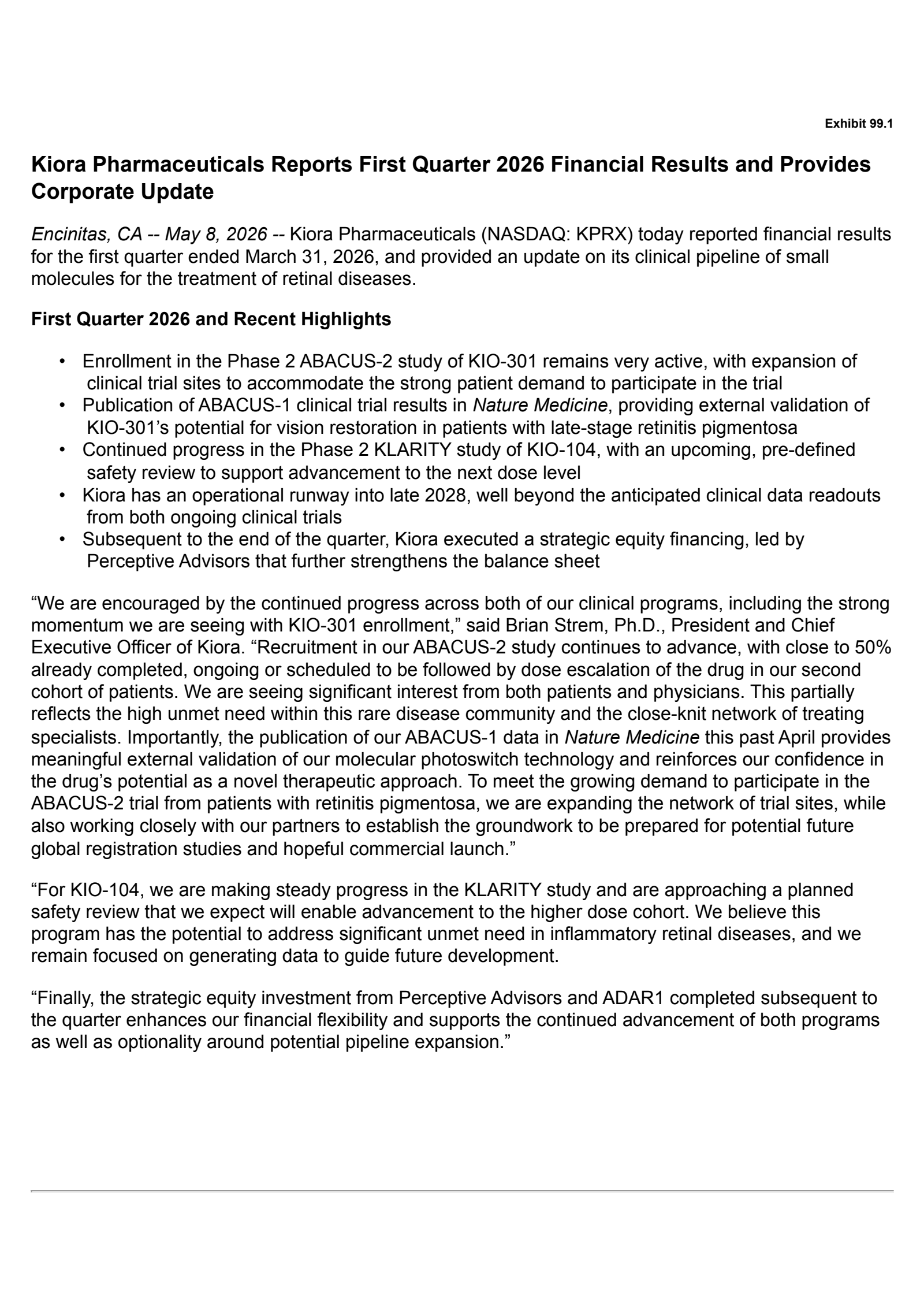 Kiora Pharmaceuticals' Q1 2026 Press Release