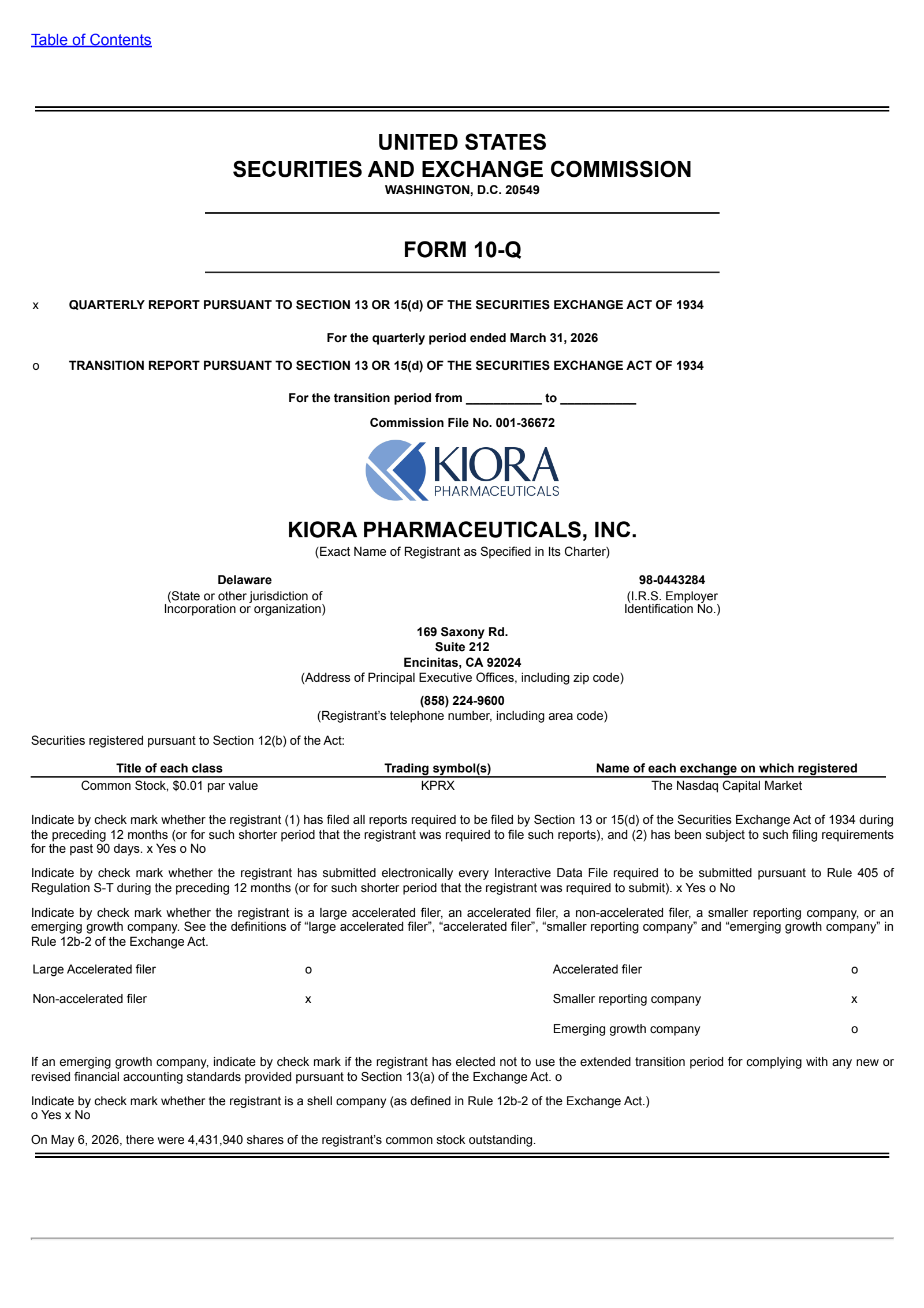 Kiora Pharmaceuticals' Q1 2026 Quarterly report