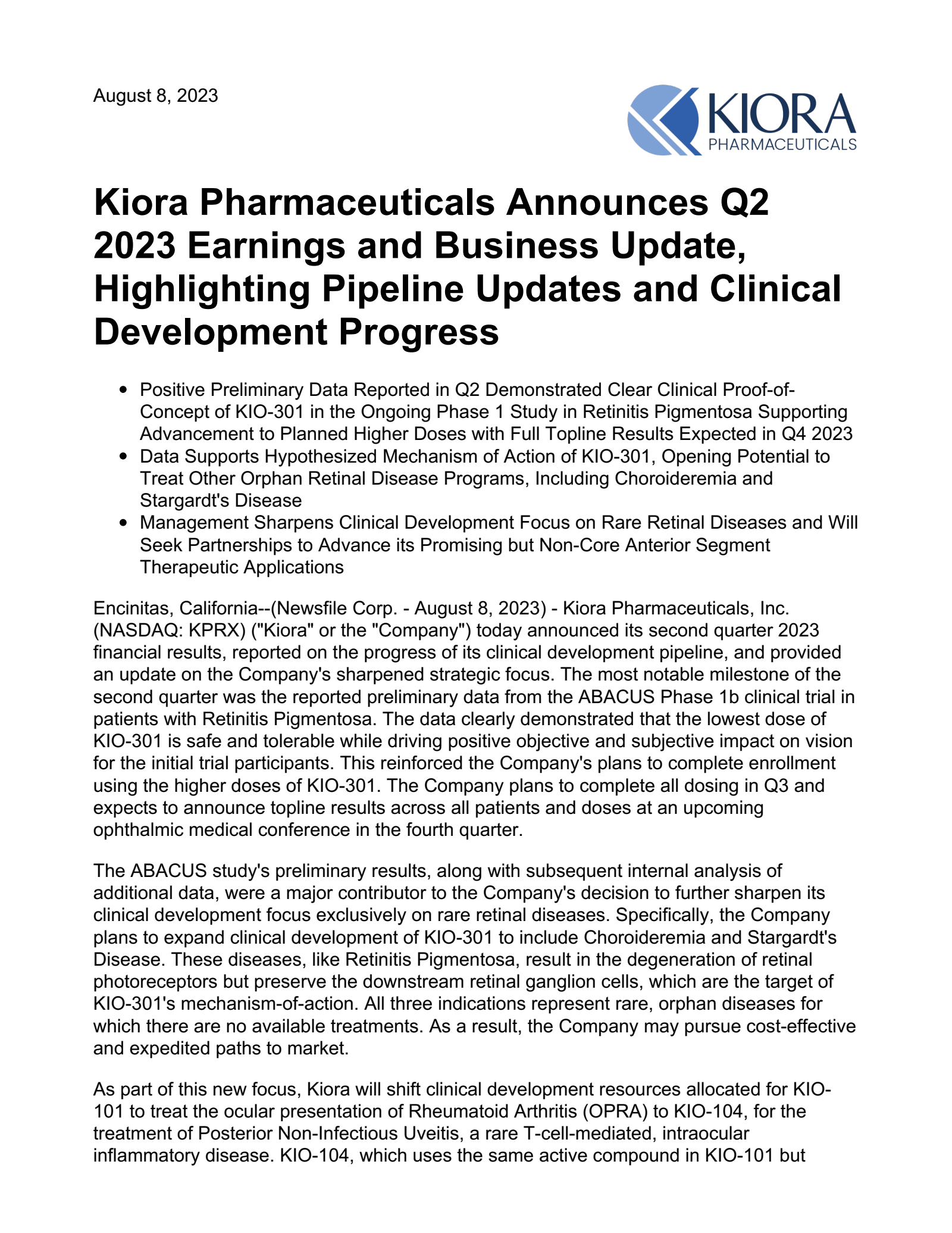 Kiora Pharmaceuticals' Q2 2023 Press Release