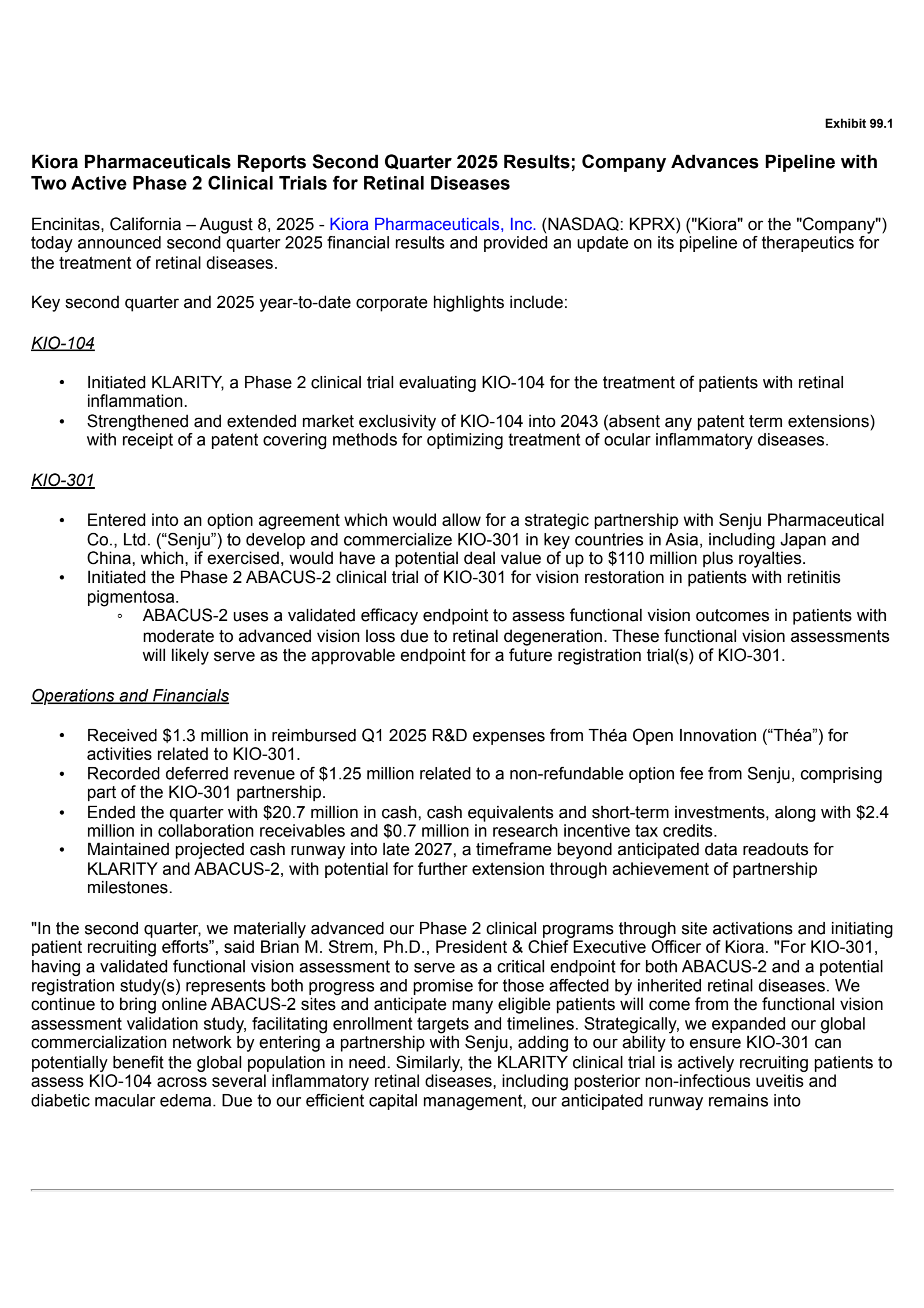 Kiora Pharmaceuticals' Q2 2025 Press Release