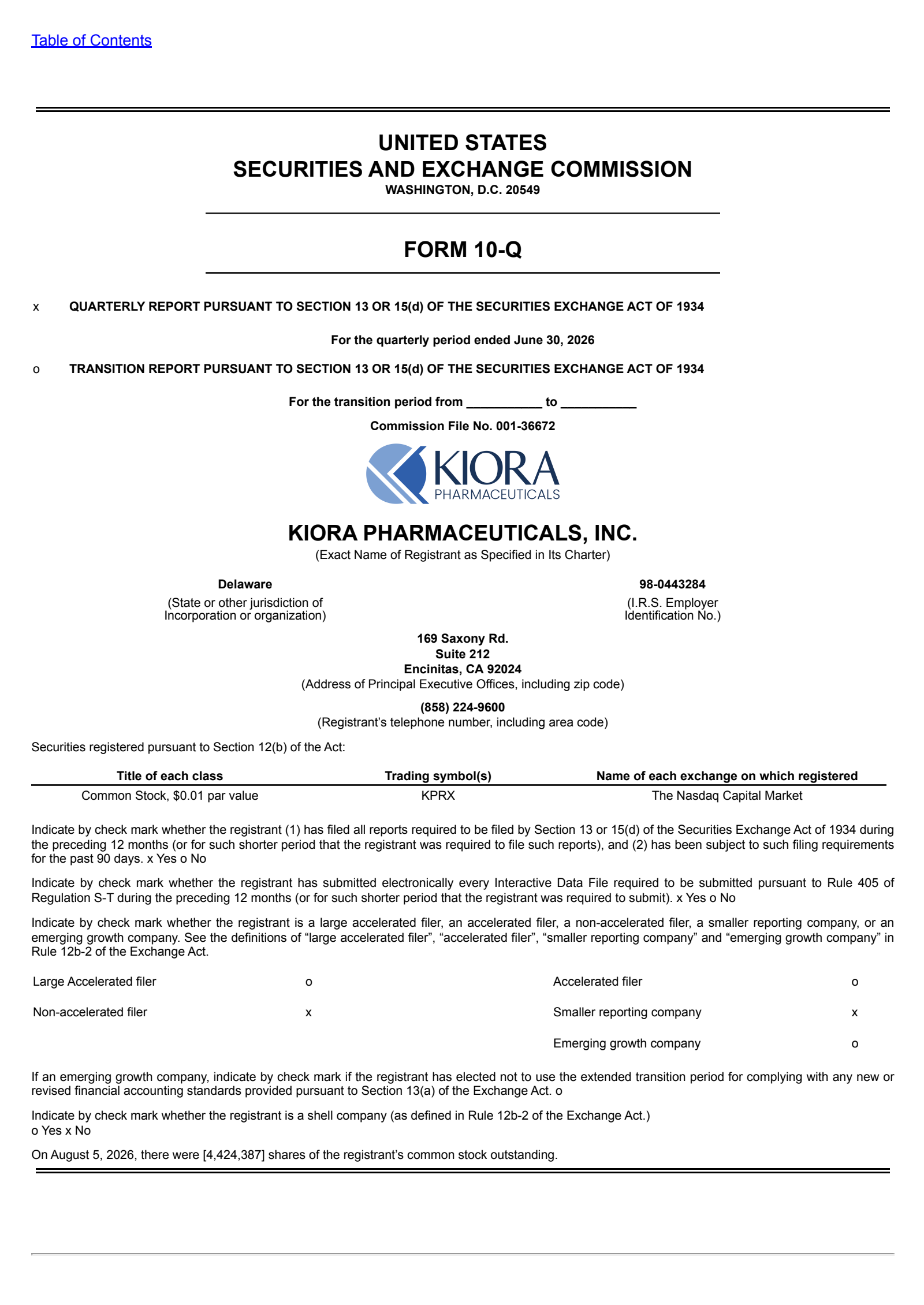 Kiora Pharmaceuticals' Q2 2026 Quarterly report