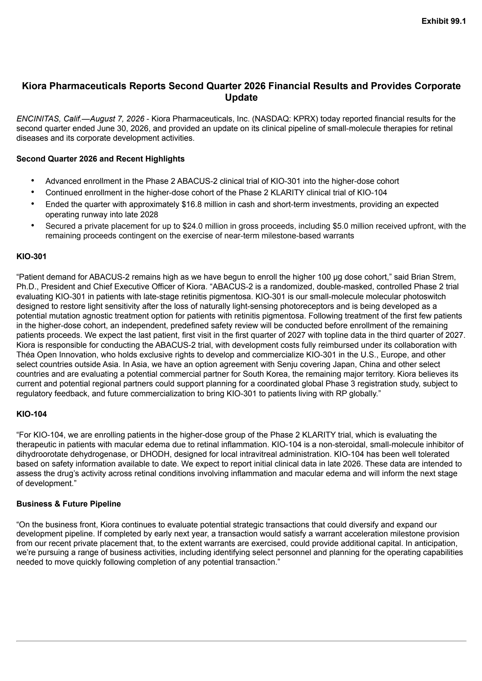 Kiora Pharmaceuticals' Q2 2026 Press Release