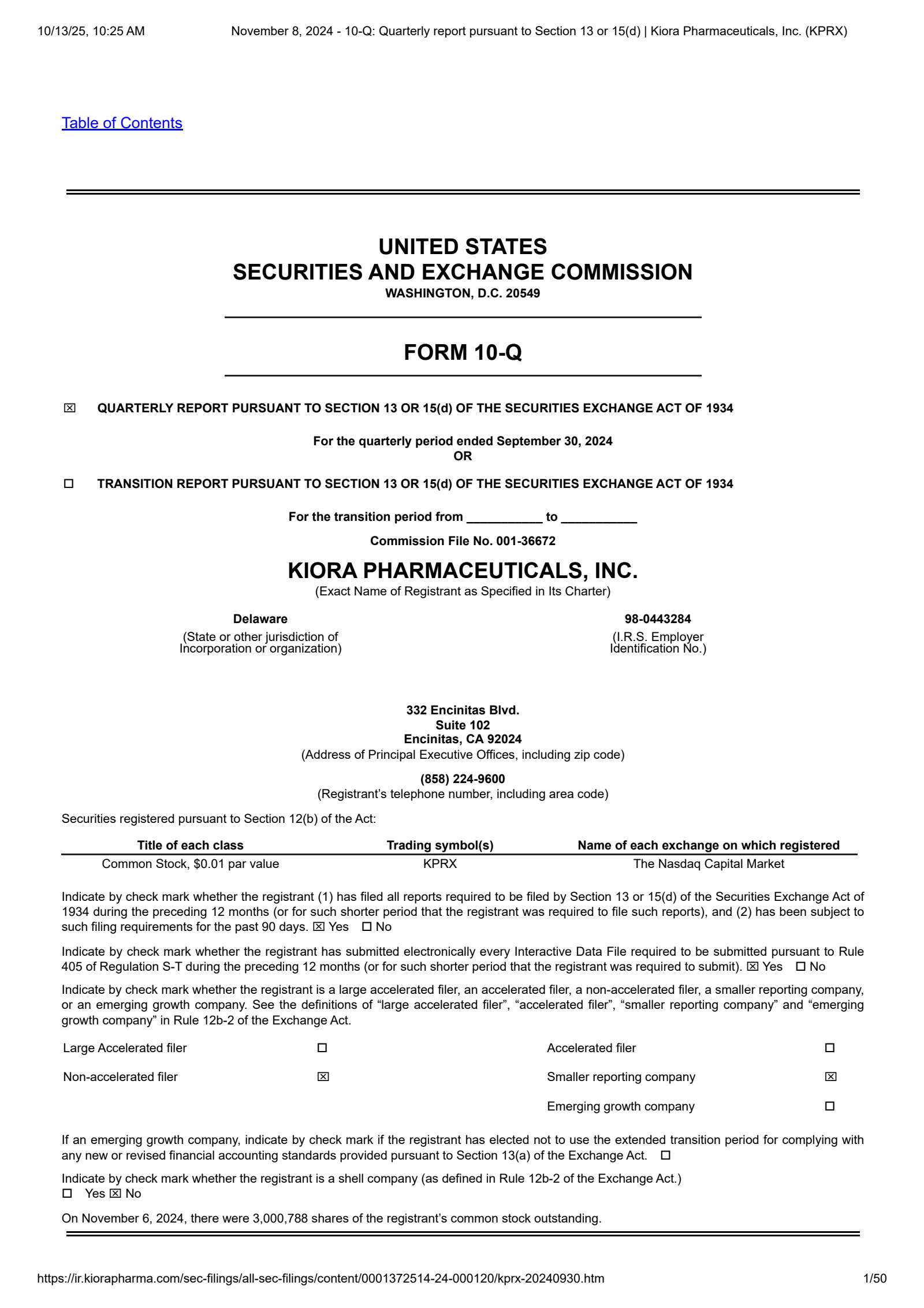 Kiora Pharmaceuticals' Q3 2024 Quarterly Report