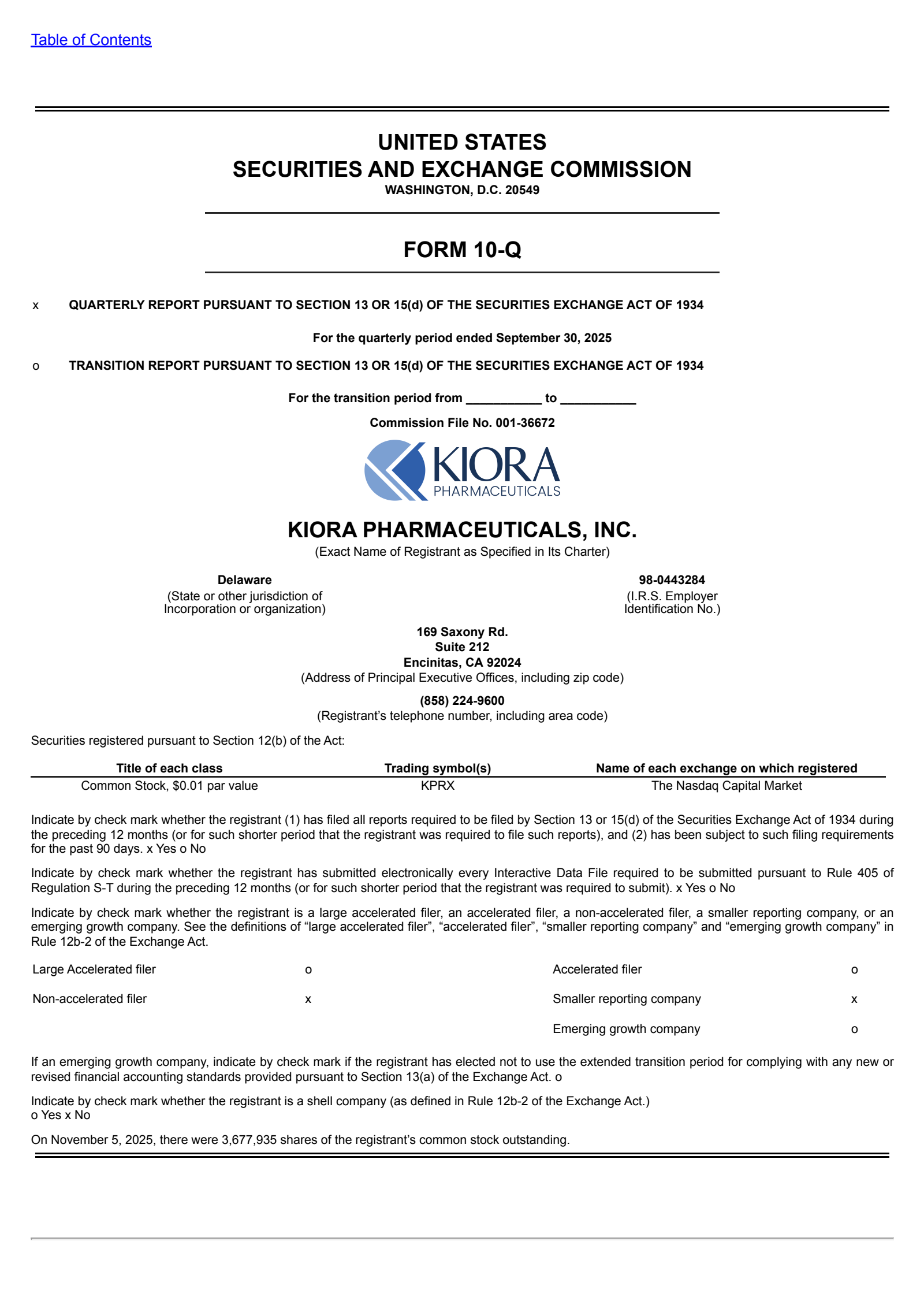 Kiora Pharmaceuticals' Q3 2025 Quarterly Report