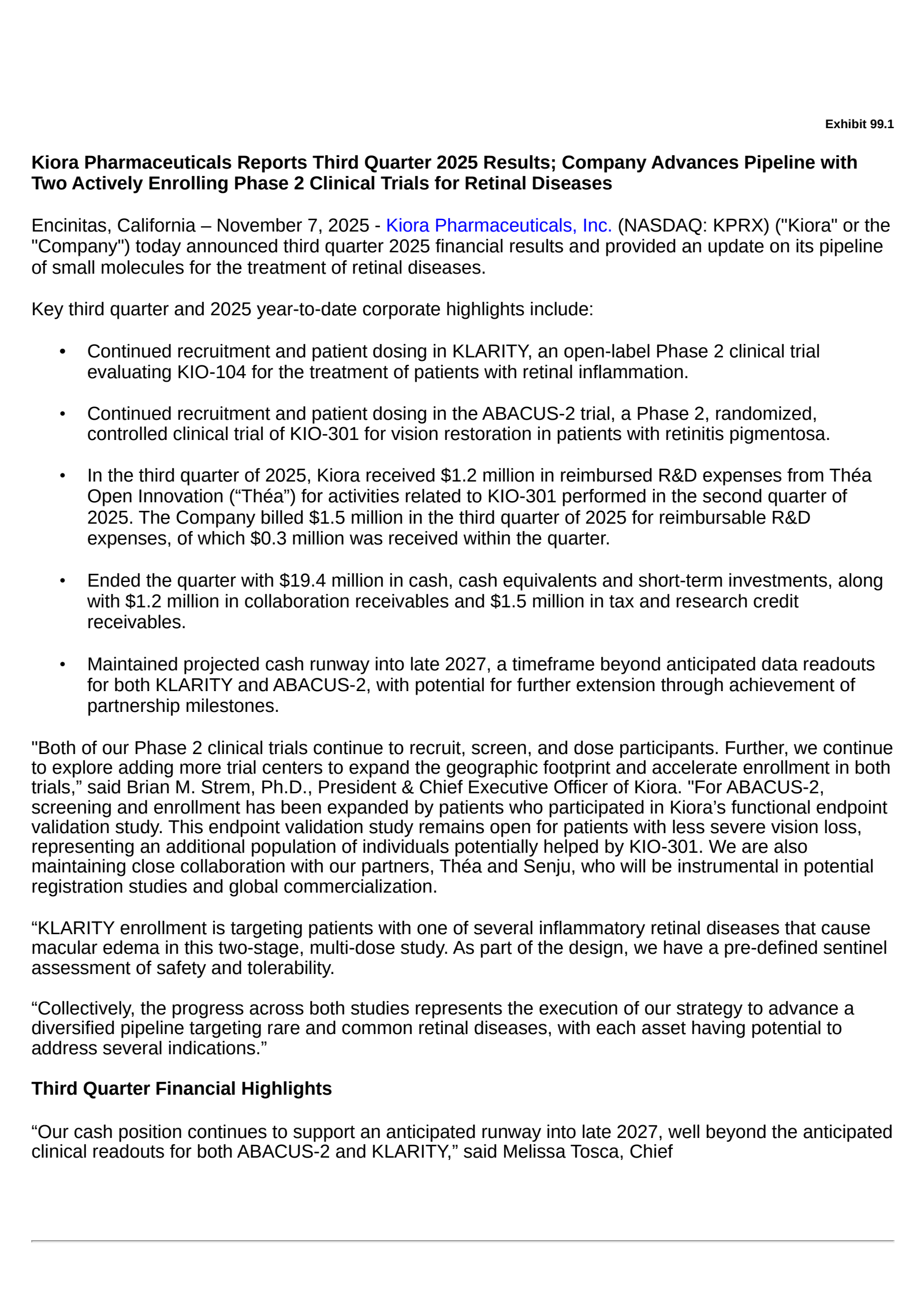 Kiora Pharmaceuticals' Q3 2025 Earnings Release