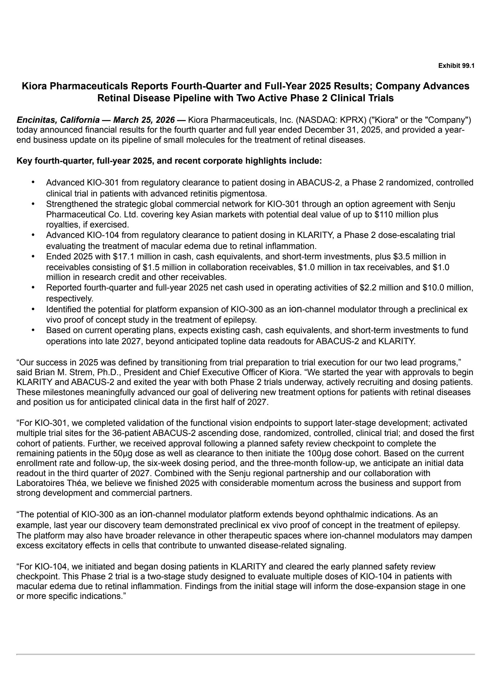 Kiora Pharmaceuticals' Q4 2025 Press Release