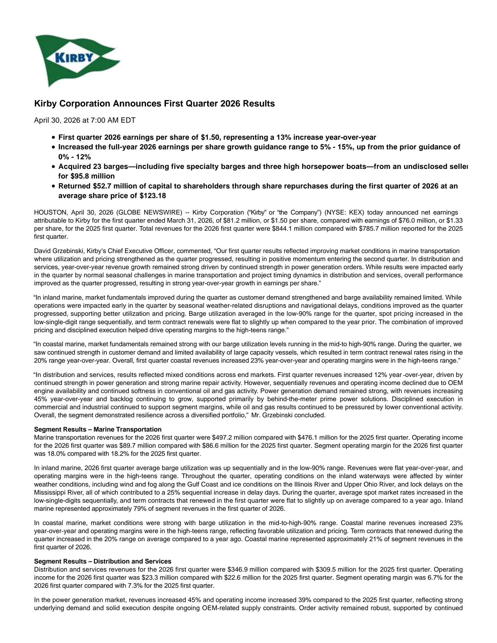 Kirby's Q1 2026 Press Release
