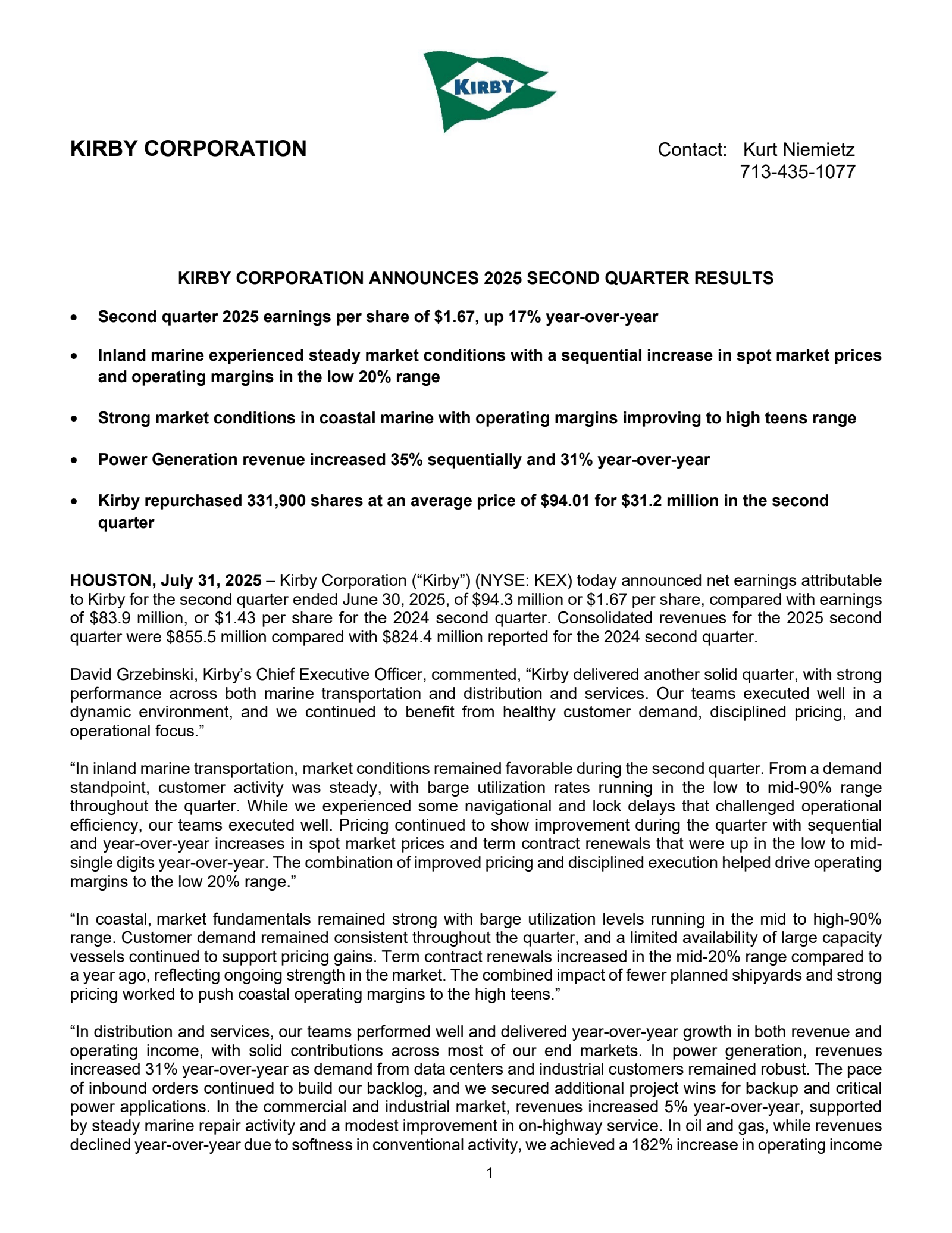 Kirby's Q2 2025 Press Release