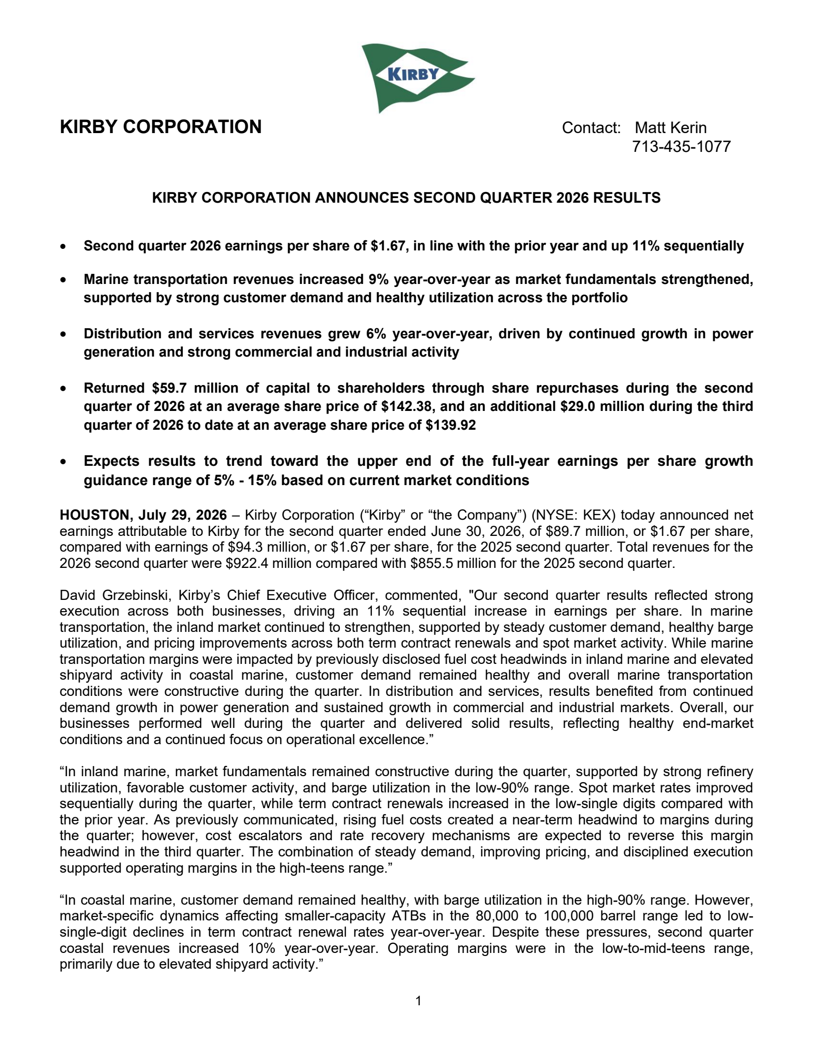 Kirby's Q2 2026 Press Release