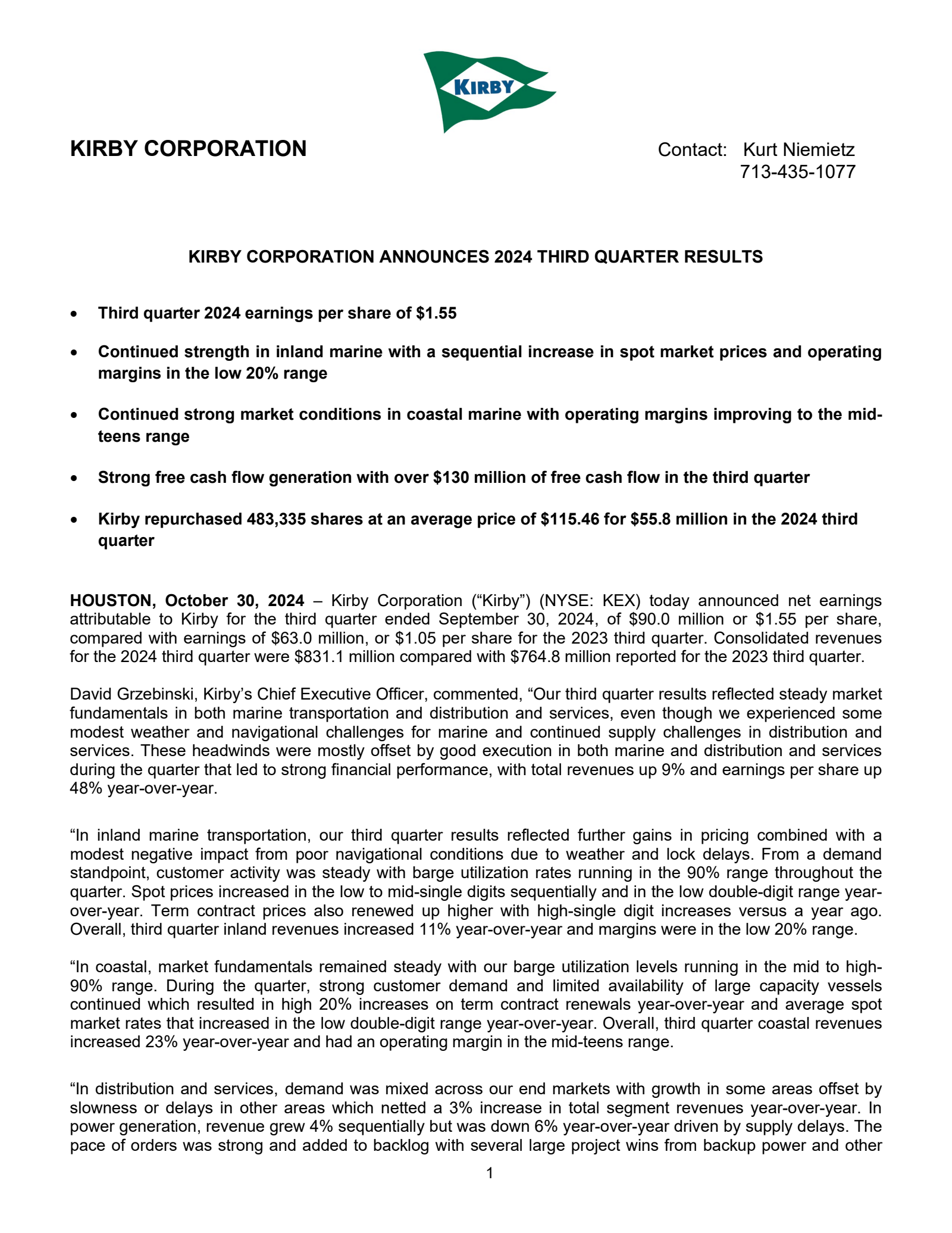 Kirby's Q3 2024 Press Release