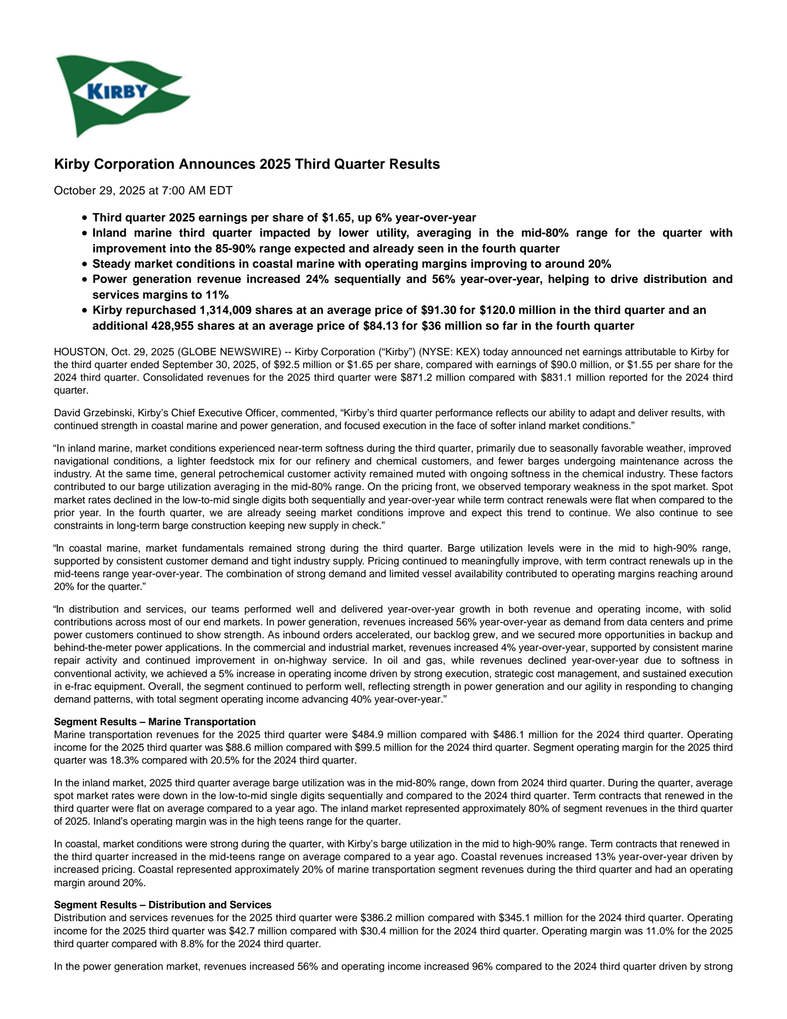Kirby's Q3 2025 Earnings Release