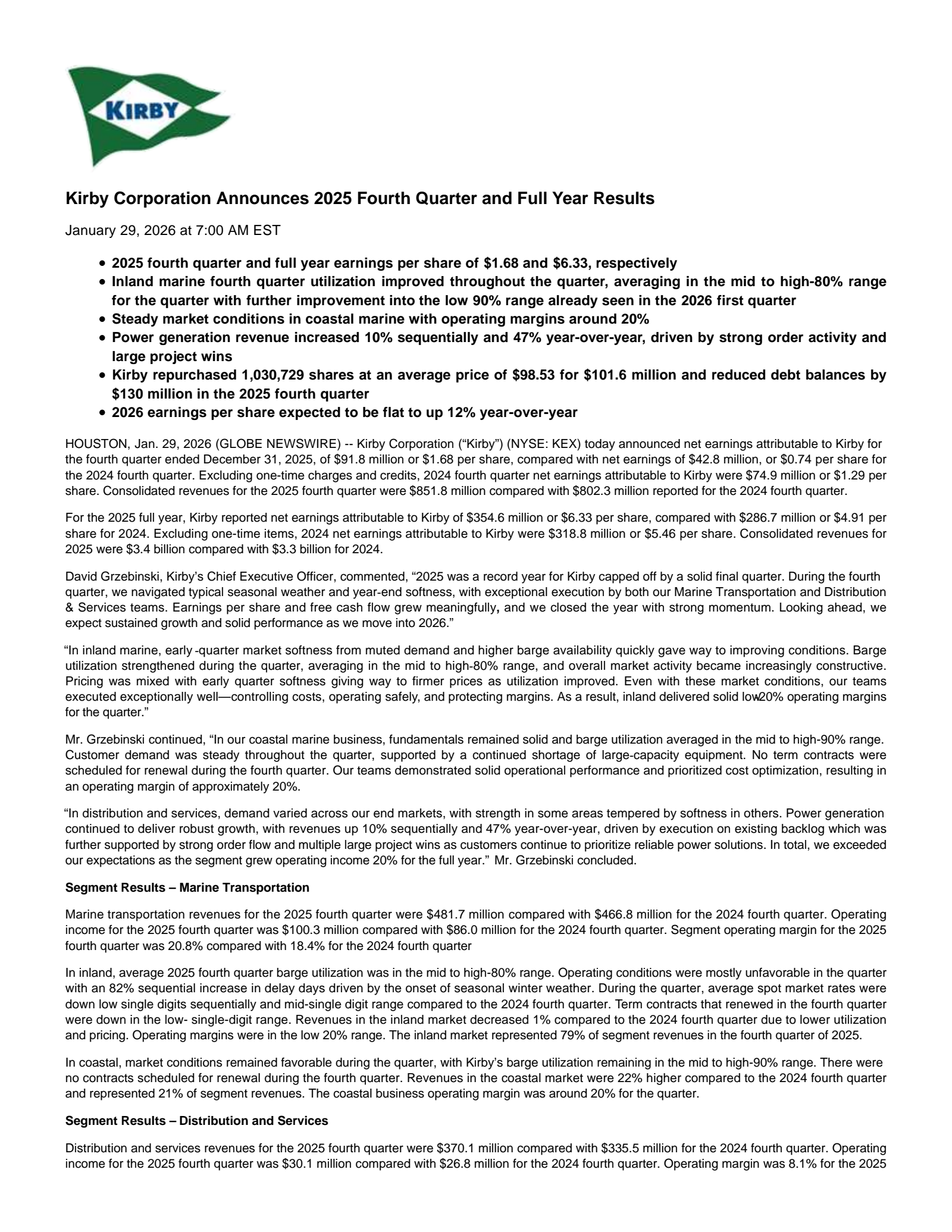 Kirby's Q4 2025 Press Release