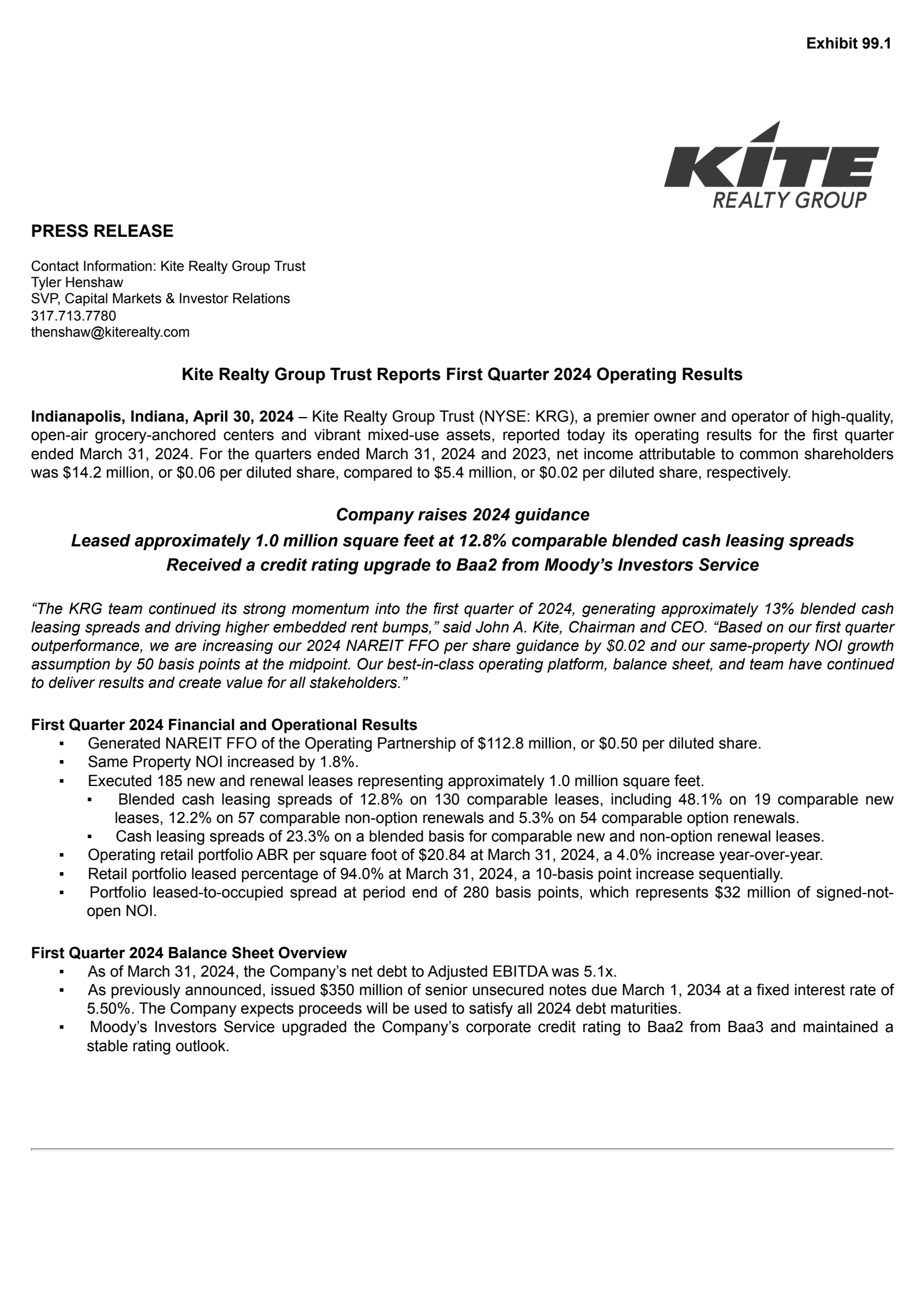 Kite Realty Group Trust's Q1 2024 Press Release