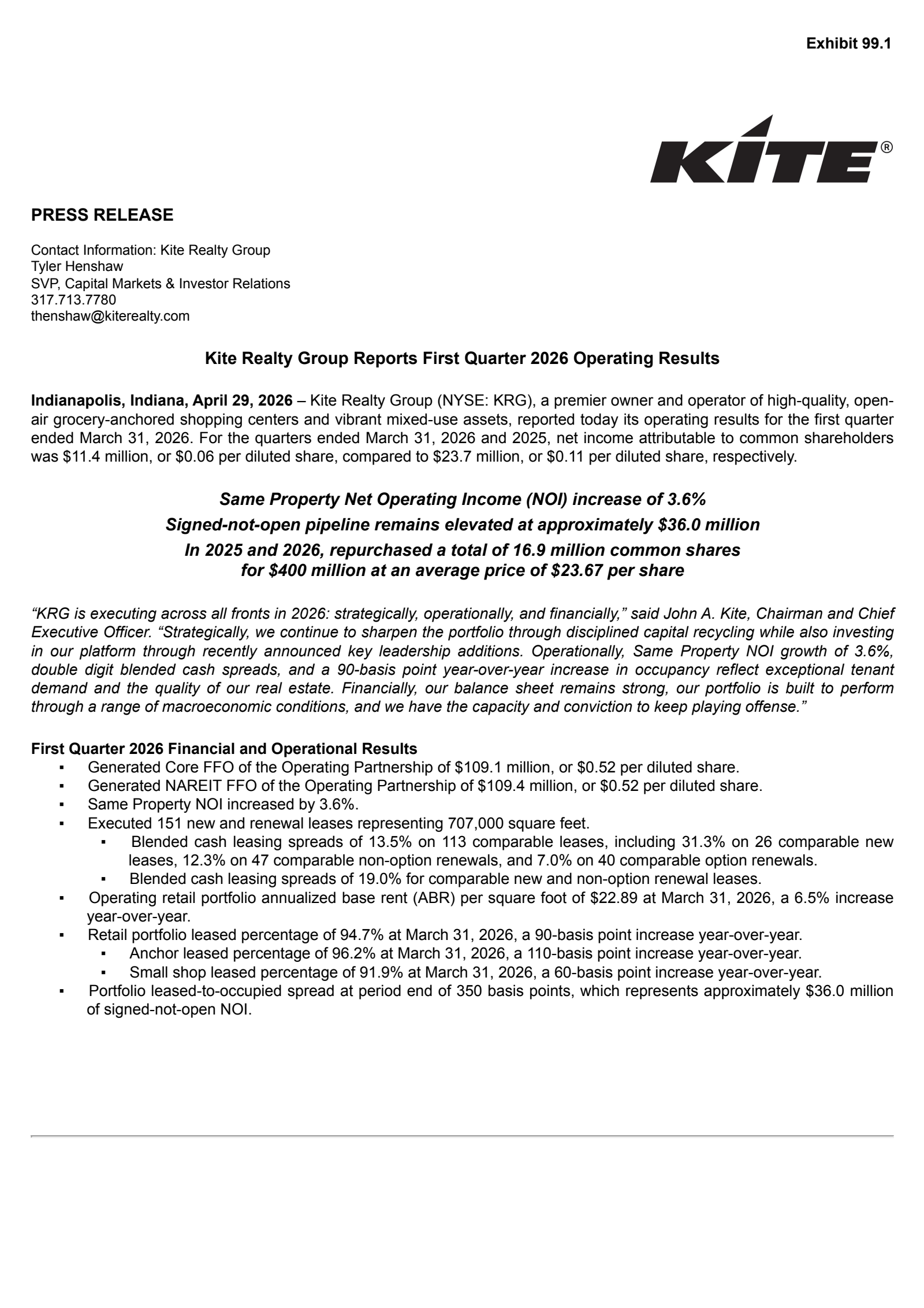 Kite Realty Group Trust's Q1 2026 Press Release
