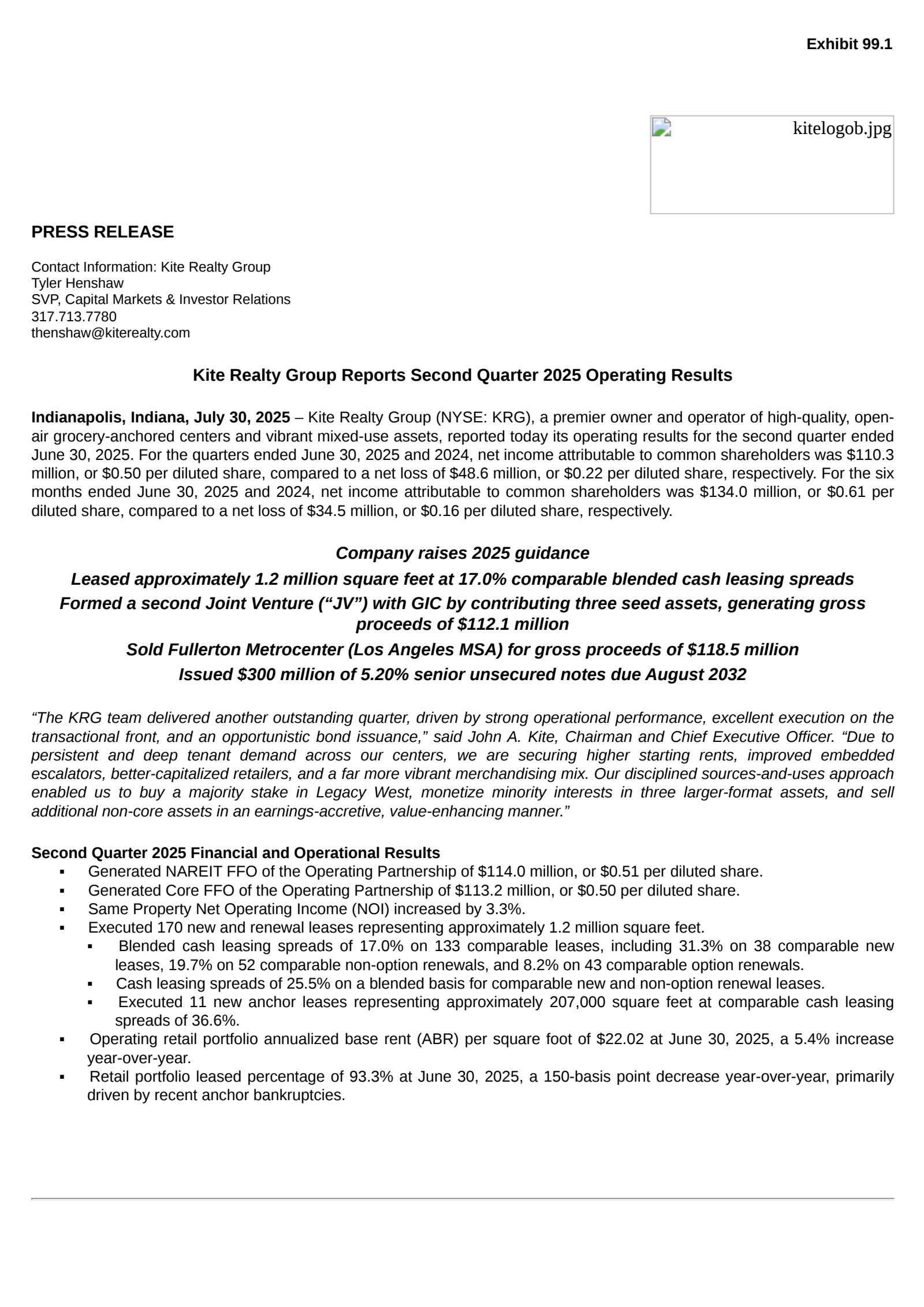Kite Realty Group Trust's Q2 2025 Press Release